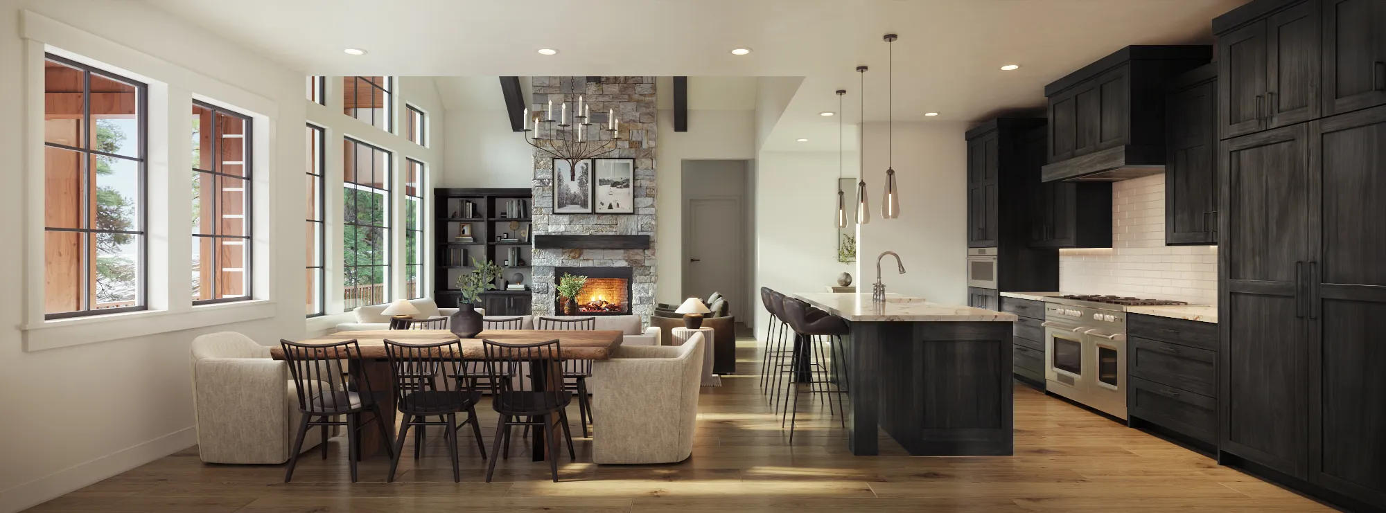 Photorealistic 3D rendering of the kitchen and dining area of the Haystack model by Alturas Homes in a dark cabinetry finish, with a stone-topped island and bar stools, a stone fireplace, and a live-edge dining table.
