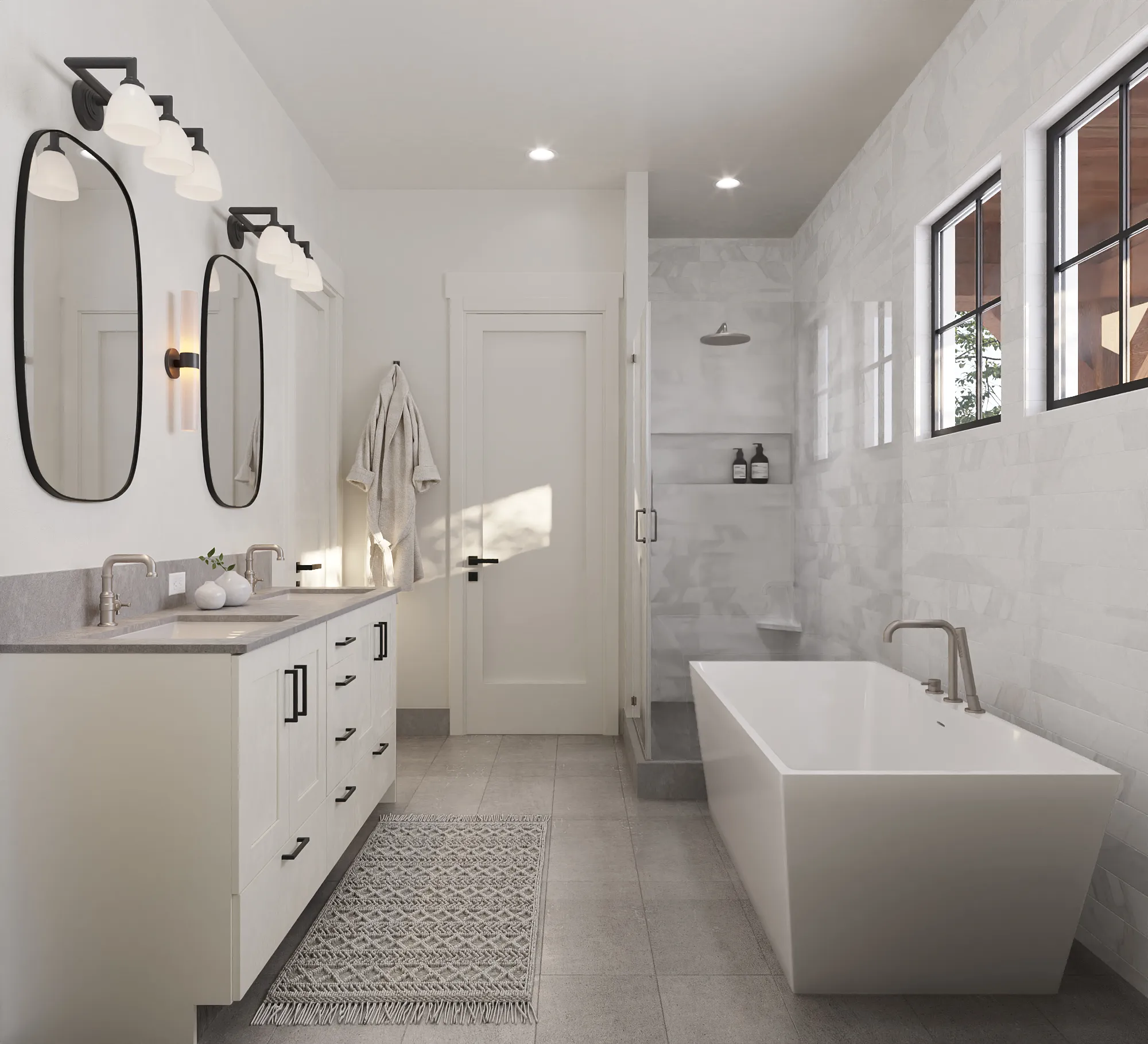Photorealistic 3D rendering of the primary bathroom of the Haystack model by Alturas Homes, with a light double vanity, a glass walk-in shower, a freestanding tub, and marble-look tile.