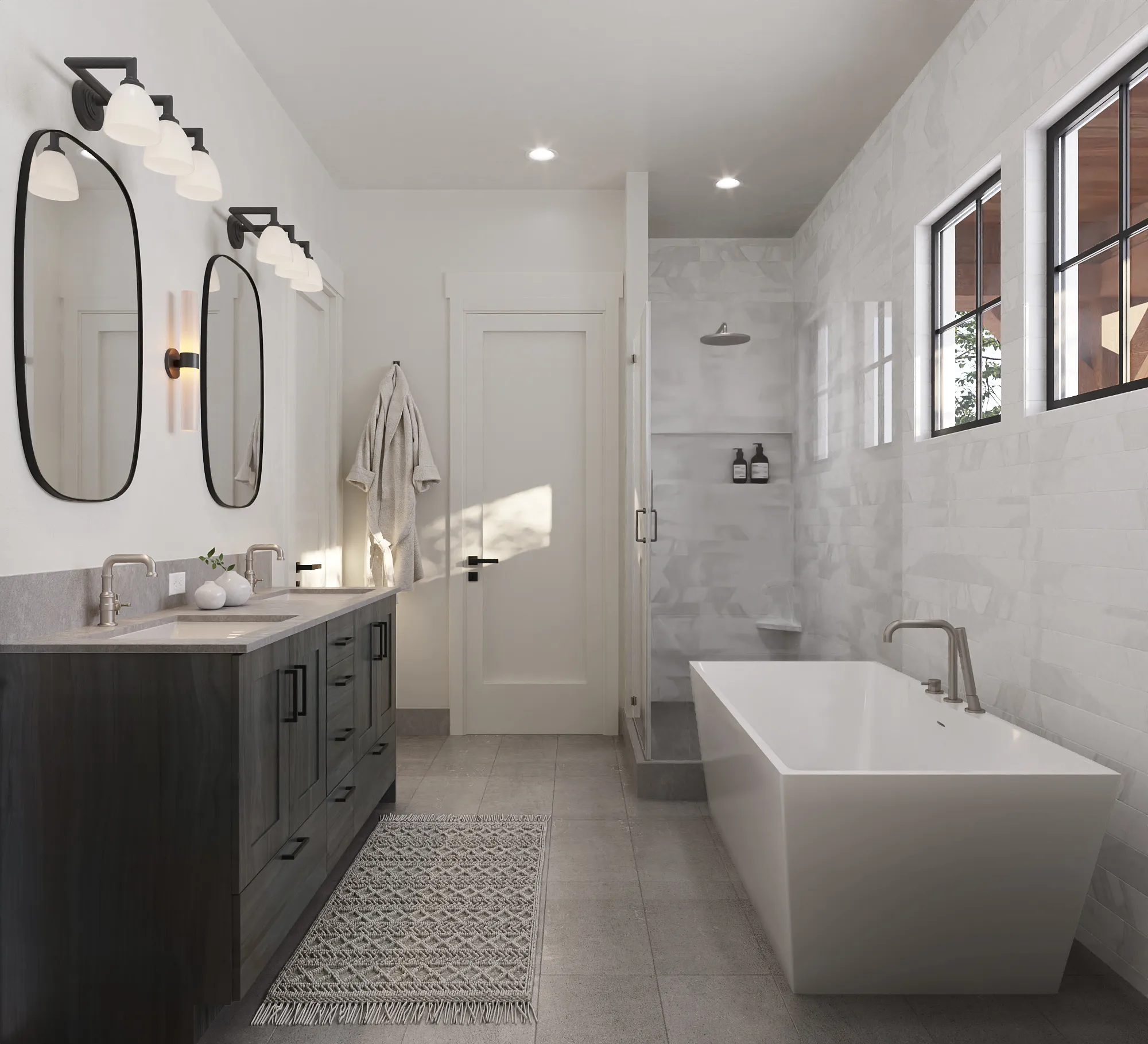 Photorealistic 3D rendering of the primary bathroom of the Haystack model by Alturas Homes in a dark wood vanity finish, with a glass walk-in shower, a freestanding tub, and marble-look tile.