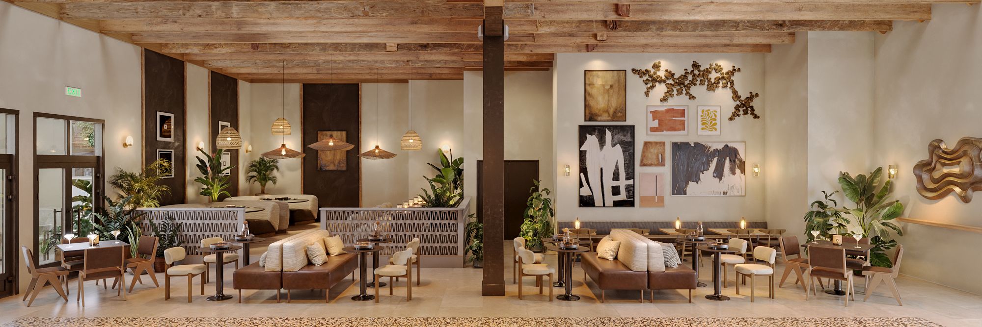 Wide 3D rendering of the American Bites main dining room in San Francisco, with leather banquettes, woven pendant lamps, a curated gallery wall, terracotta booth dividers, and an exposed timber ceiling.