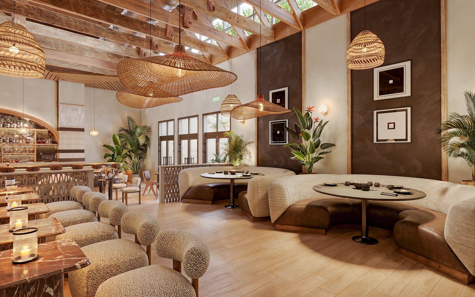 3D rendering of the American Bites dining area in San Francisco, with curved boucle banquettes, round marble tables, rattan pendant lights, and a vaulted, skylit timber roof.