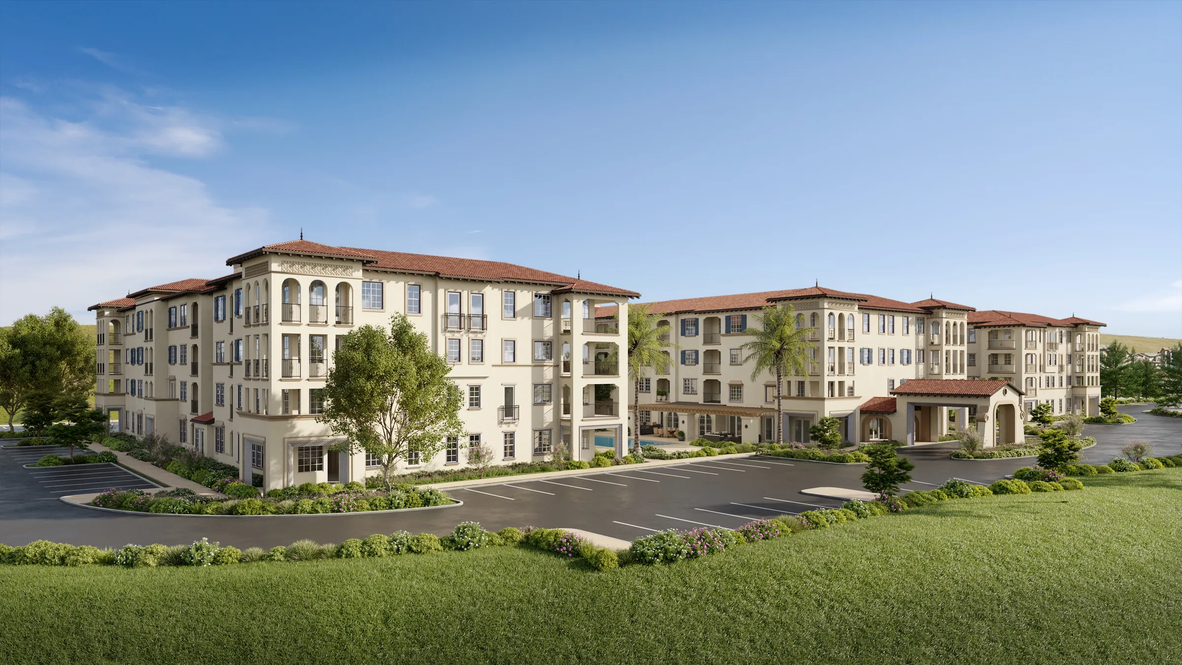 Angled daytime 3D rendering of Anindell in Folsom, California, showing the cream-stucco residential wings with terracotta tile roofs and balconies arranged around a central courtyard with a pool and a green lawn in the foreground.