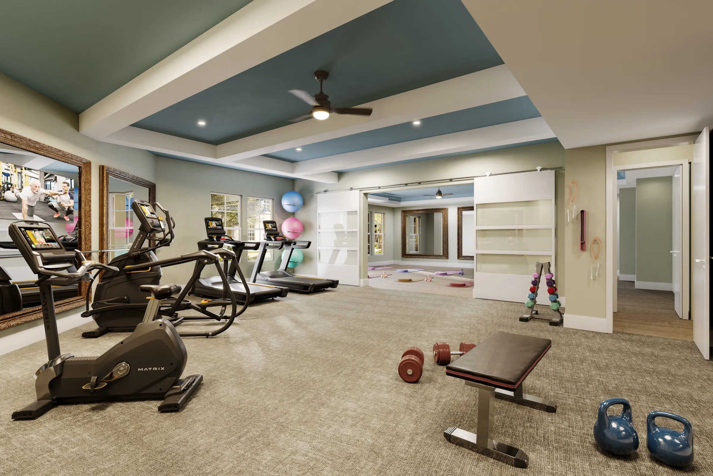 Interior 3D rendering of the fitness center at Anindell in Folsom, California, a gym with cardio machines, free weights and a bench, a mirrored wall, and an open yoga studio with mats visible through sliding doors beyond.
