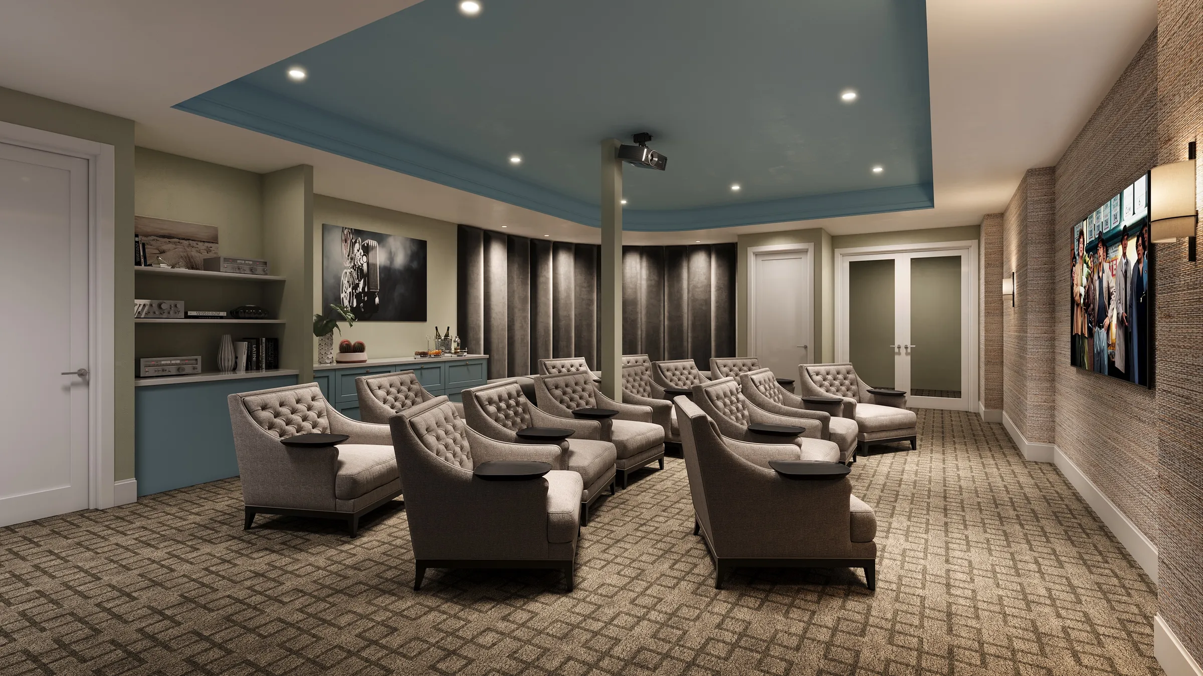 Interior 3D rendering of the private movie theater at Anindell in Folsom, California, with tufted lounge chairs facing a large wall screen, a tray ceiling with recessed lighting, and a built-in console along the wall.