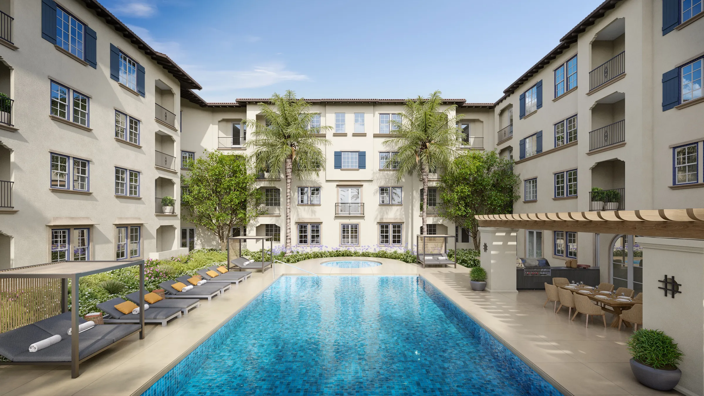 Daytime 3D rendering of the resort-style courtyard pool at Anindell, a 55+ active-adult community in Folsom, California, a long tiled pool flanked by chaise loungers, palms, and a pergola dining area, enclosed by the cream-stucco residential wings.
