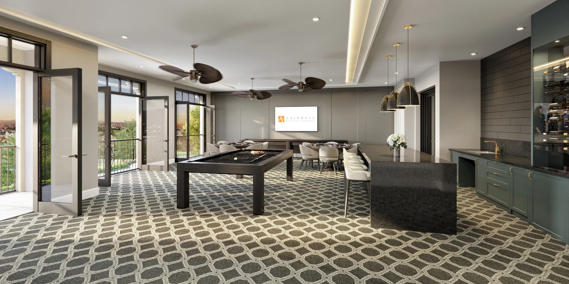 Interior 3D rendering of the sky lounge at Anindell in Folsom, California, a club room with a billiards table, a bar with a quartz waterfall counter, dining seating, rattan ceiling fans, and glass doors to a balcony with a hillside view.