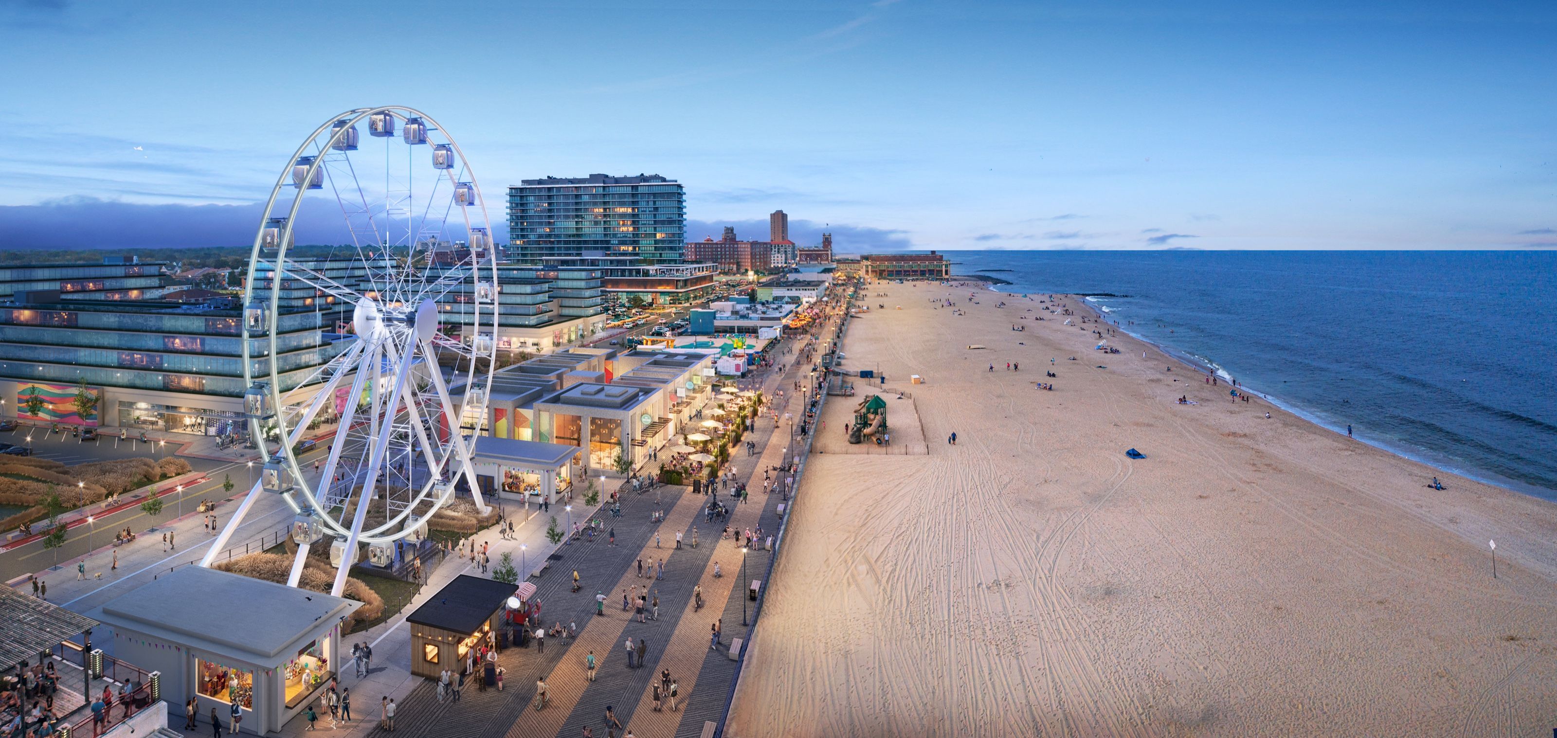 Aerial dusk 3D rendering of the Asbury Park boardwalk, Ferris wheel, beach and ocean