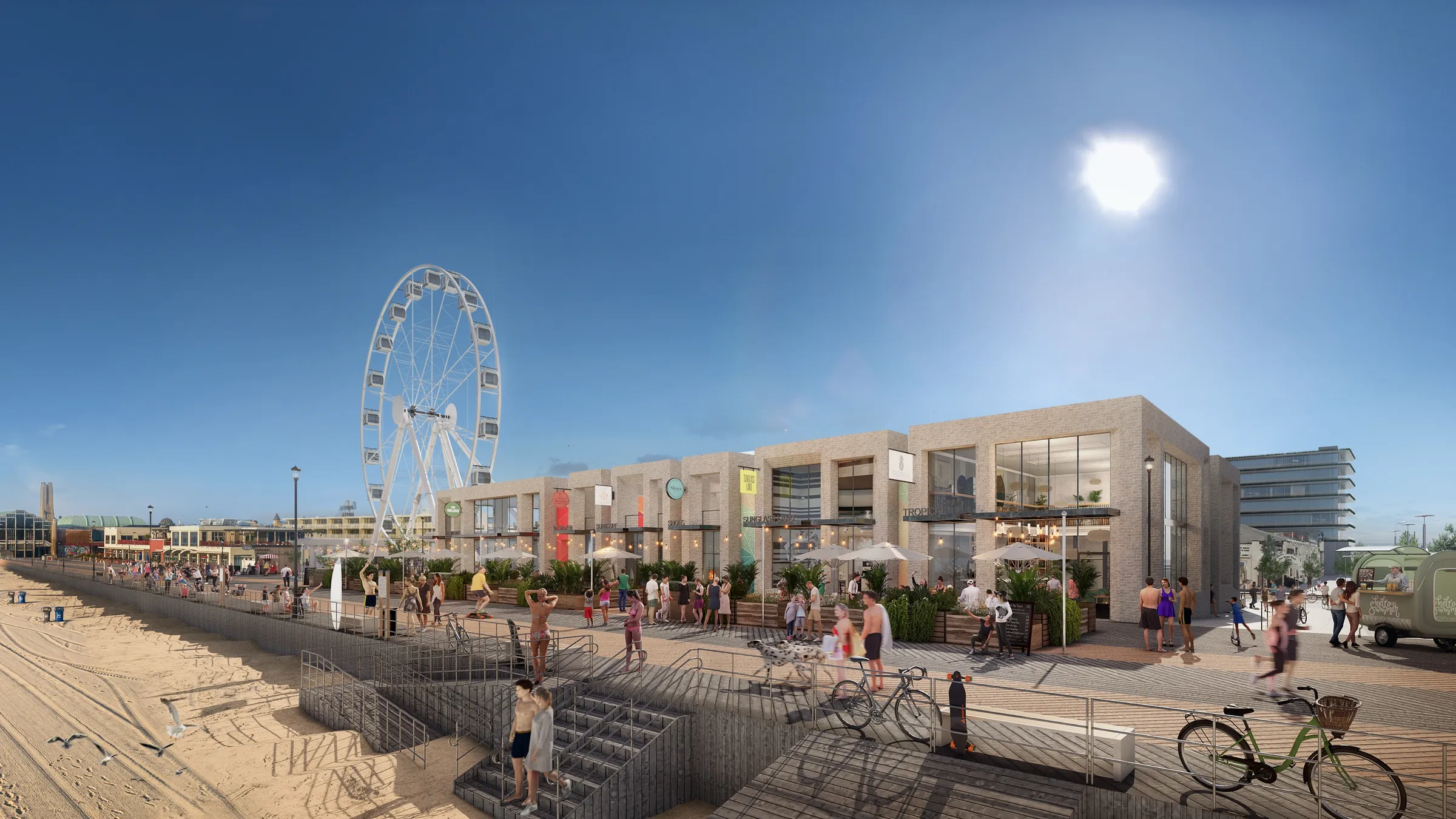 Daytime 3D rendering of the Asbury Park boardwalk pavilion from the beach, low sand-colored masonry buildings with outdoor dining under umbrellas, people on the boardwalk, and the Ferris wheel behind.