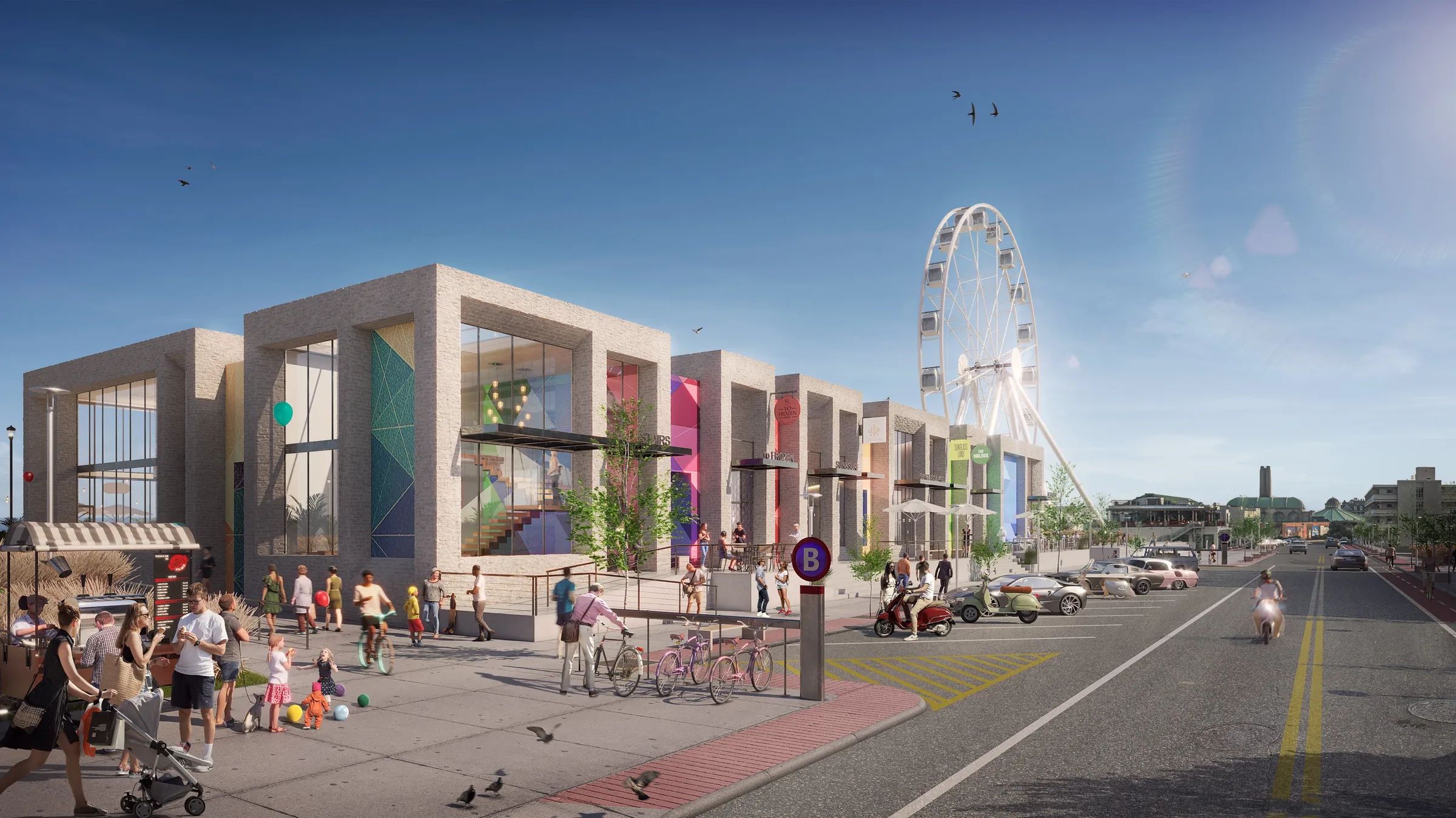 Daytime 3D rendering of the Asbury Park pavilion courtyard from the street, masonry volumes with colorful mural-filled openings, families and cyclists gathering, the Ferris wheel beyond.