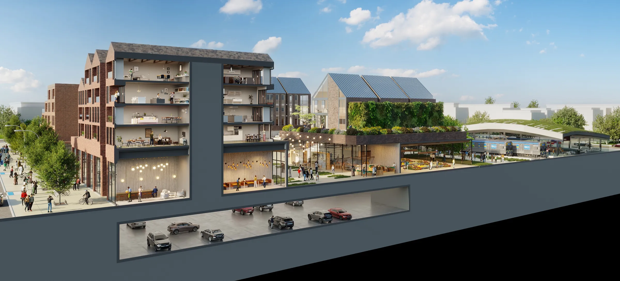 Close cutaway 3D section of a single Asbury Park Transit Hub building, sliced open to reveal stacked apartments over ground-floor commercial space, with cars parked in the level below the plaza.