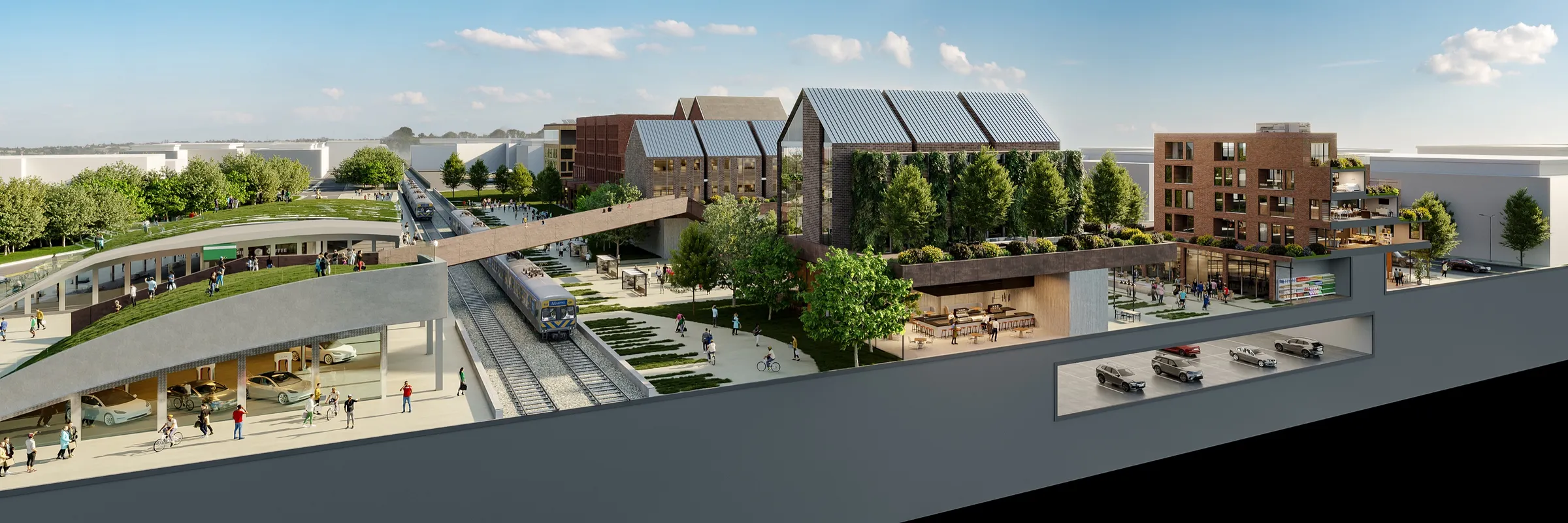 Cutaway 3D section of the Asbury Park Transit Hub showing a train at the station platform below, a landscaped public deck and gabled buildings above, and a parking level tucked under the structures at right.