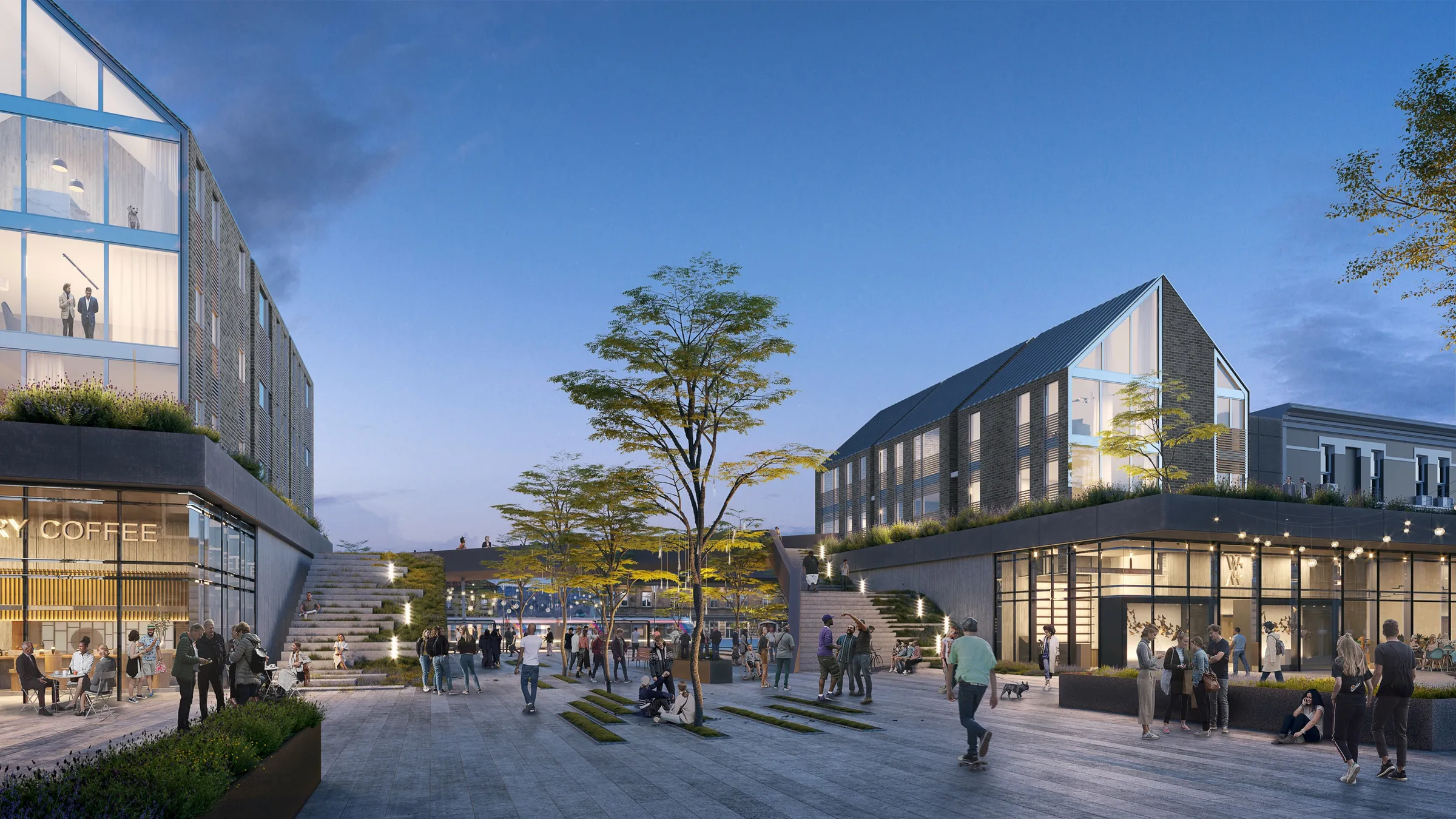 Dusk 3D rendering of the Asbury Park Transit Hub plaza filled with people, with a coffee bar, gabled buildings with green-roof terraces, string lights, and a wide landscaped stair glowing in the evening.