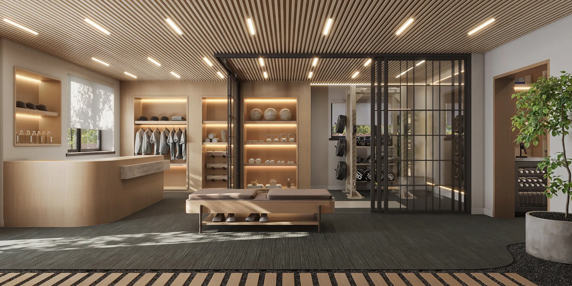 3D rendering of the reception and retail area at a boutique studio in Aspen, with a curved wood desk, backlit shelving displaying apparel and accessories, and a glass-partitioned training area beyond.