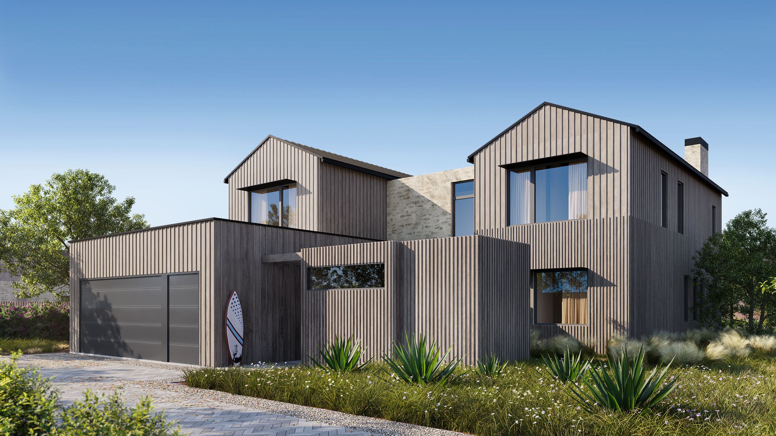 3D exterior rendering of Cottage A at Austin Surf Club, a two-story home in weathered vertical timber with twin gabled roofs, an attached garage, and native Texas planting.