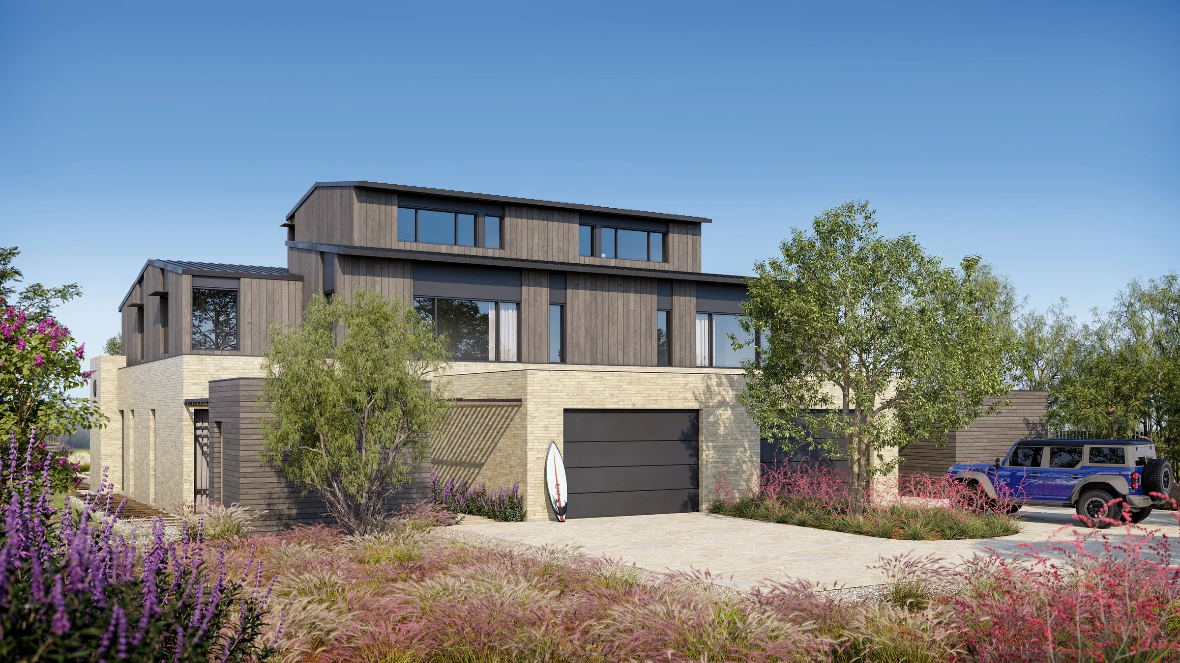 3D exterior rendering of the North duplex at Austin Surf Club, a three-story home in dark timber over a tan brick base, with a double garage, a surfboard, and a vehicle on the drive among purple sage and grasses.