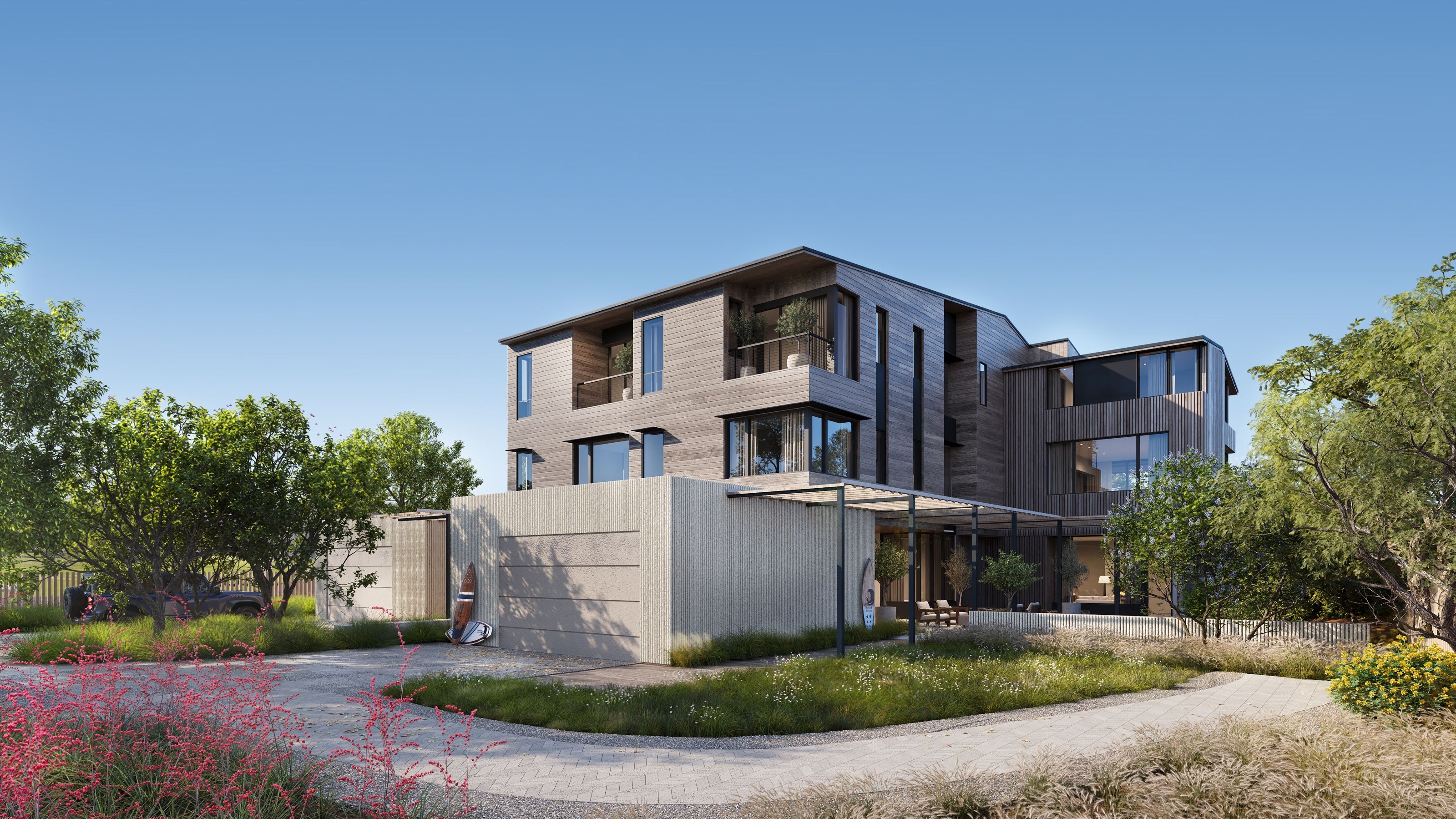 3D exterior rendering of a duplex at Austin Surf Club, a three-story stacked massing in mixed dark and bleached timber with balconies, a stone base and garage, set among native landscaping.