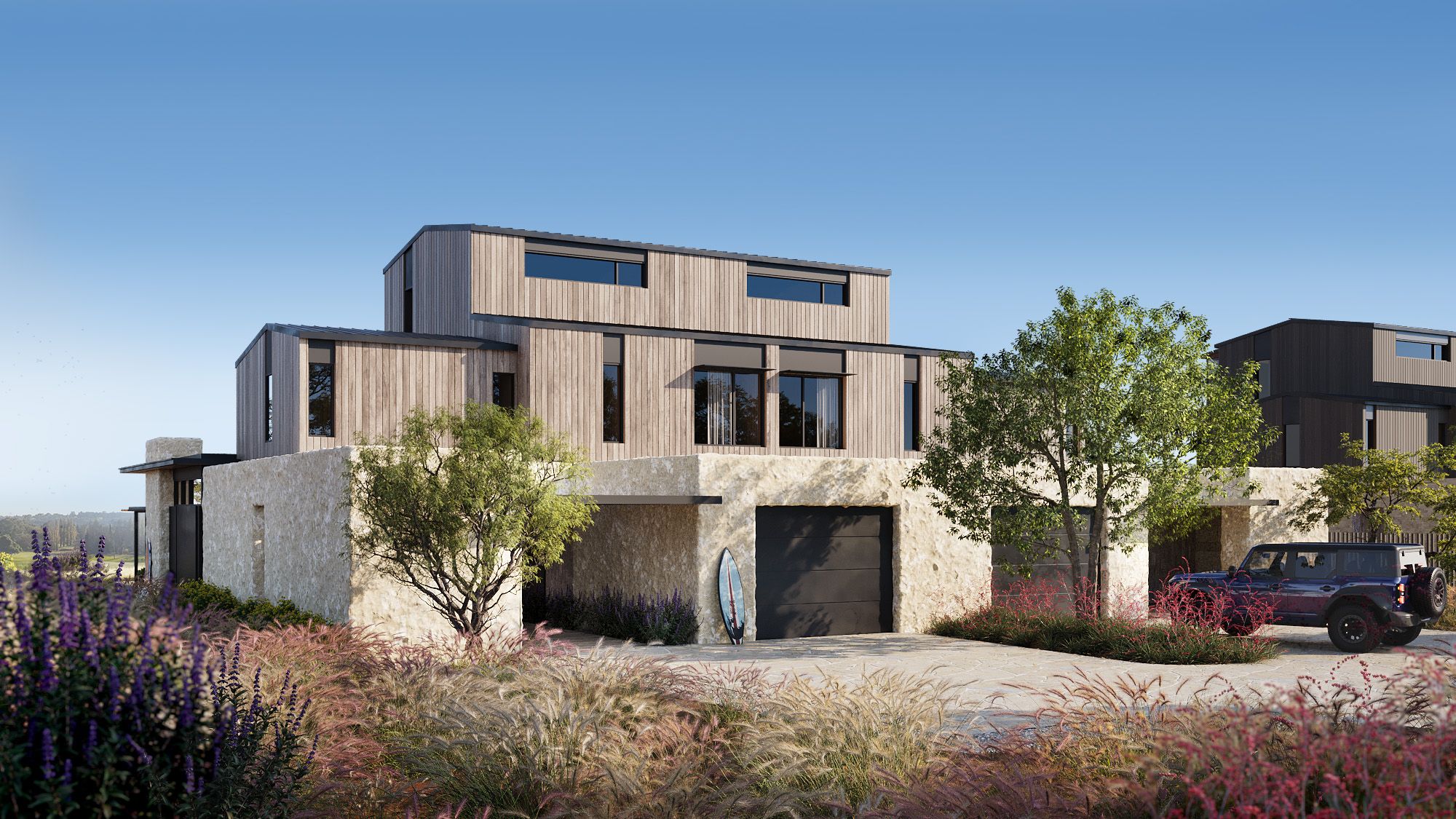 3D exterior rendering of Scheme B at Austin Surf Club, showing a stone base and bleached timber upper level, an attached garage with a surfboard, and a vehicle on the drive among native grasses.