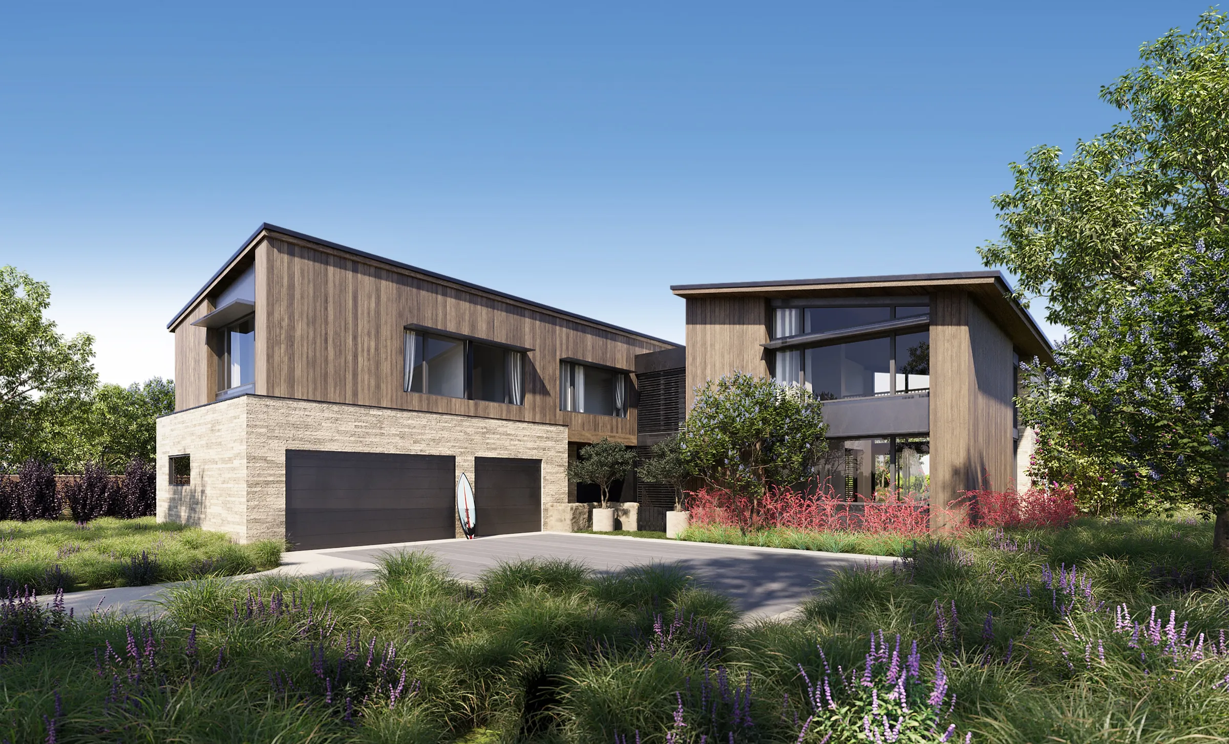 3D exterior rendering of Slater Shack B at Austin Surf Club, twin gabled timber volumes over a stone base, with a double garage, a surfboard, and purple sage and grasses.