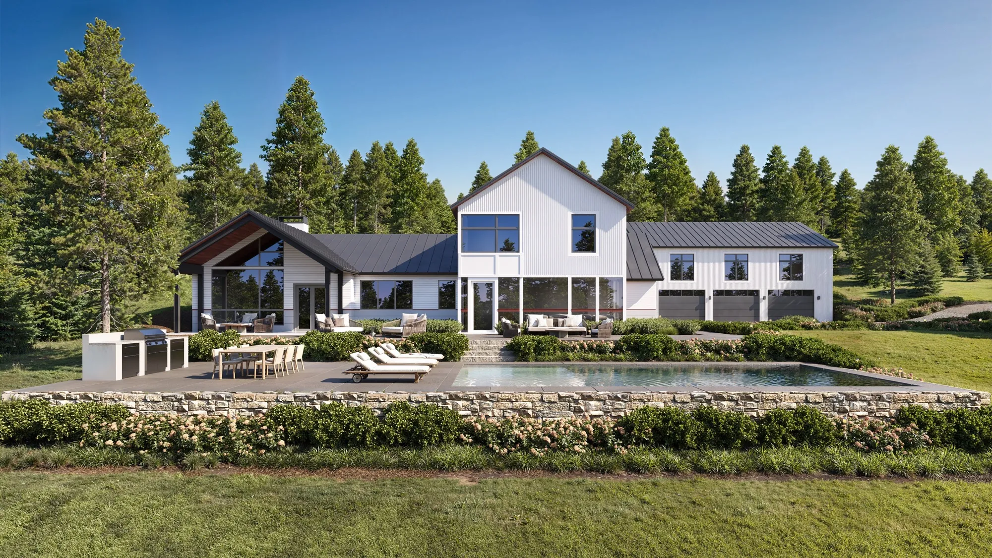 3D rendering of a proposed contemporary modern-farmhouse home for a building lot on Balch Hill Lane, Hanover, New Hampshire, with white board siding, a dark metal roof, a pool and an outdoor kitchen terrace