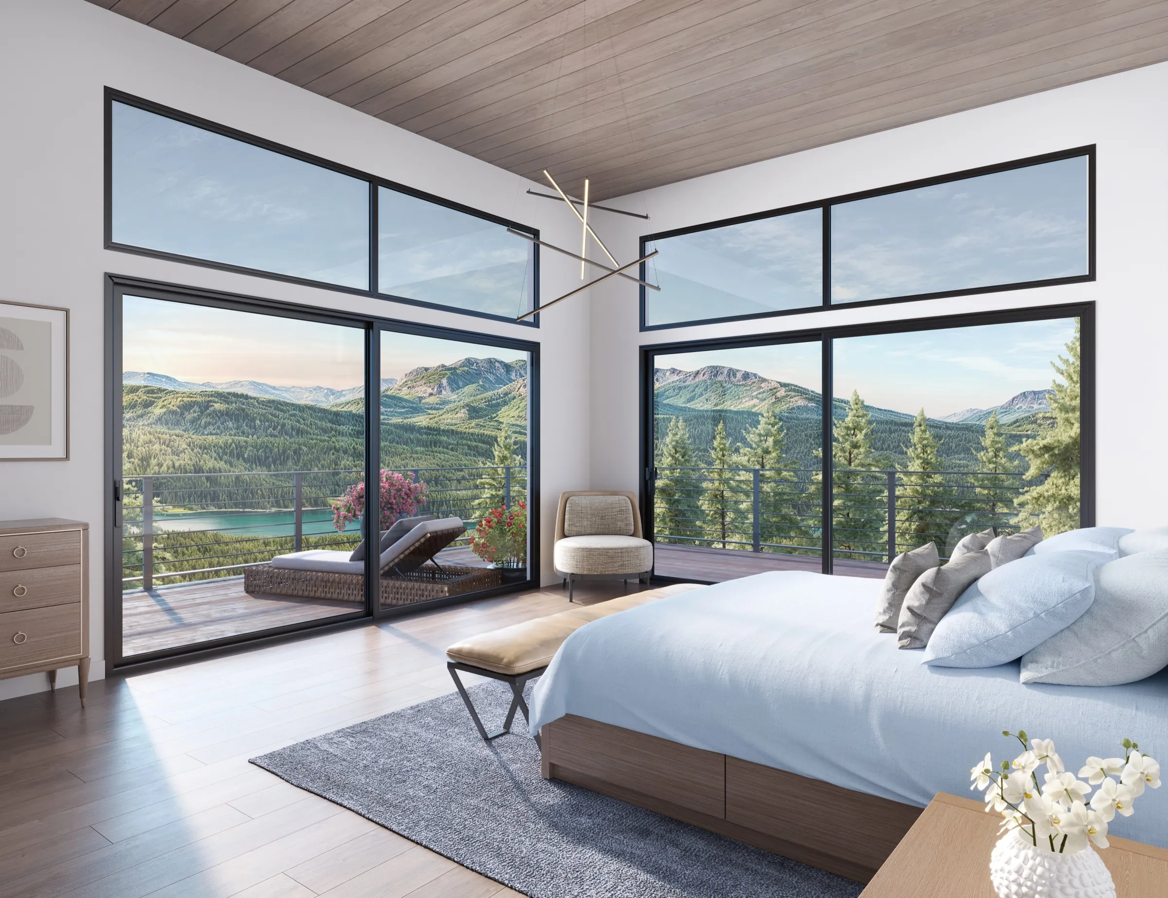 Interior 3D rendering of a bedroom with sliding glass doors to a balcony and a mountain view