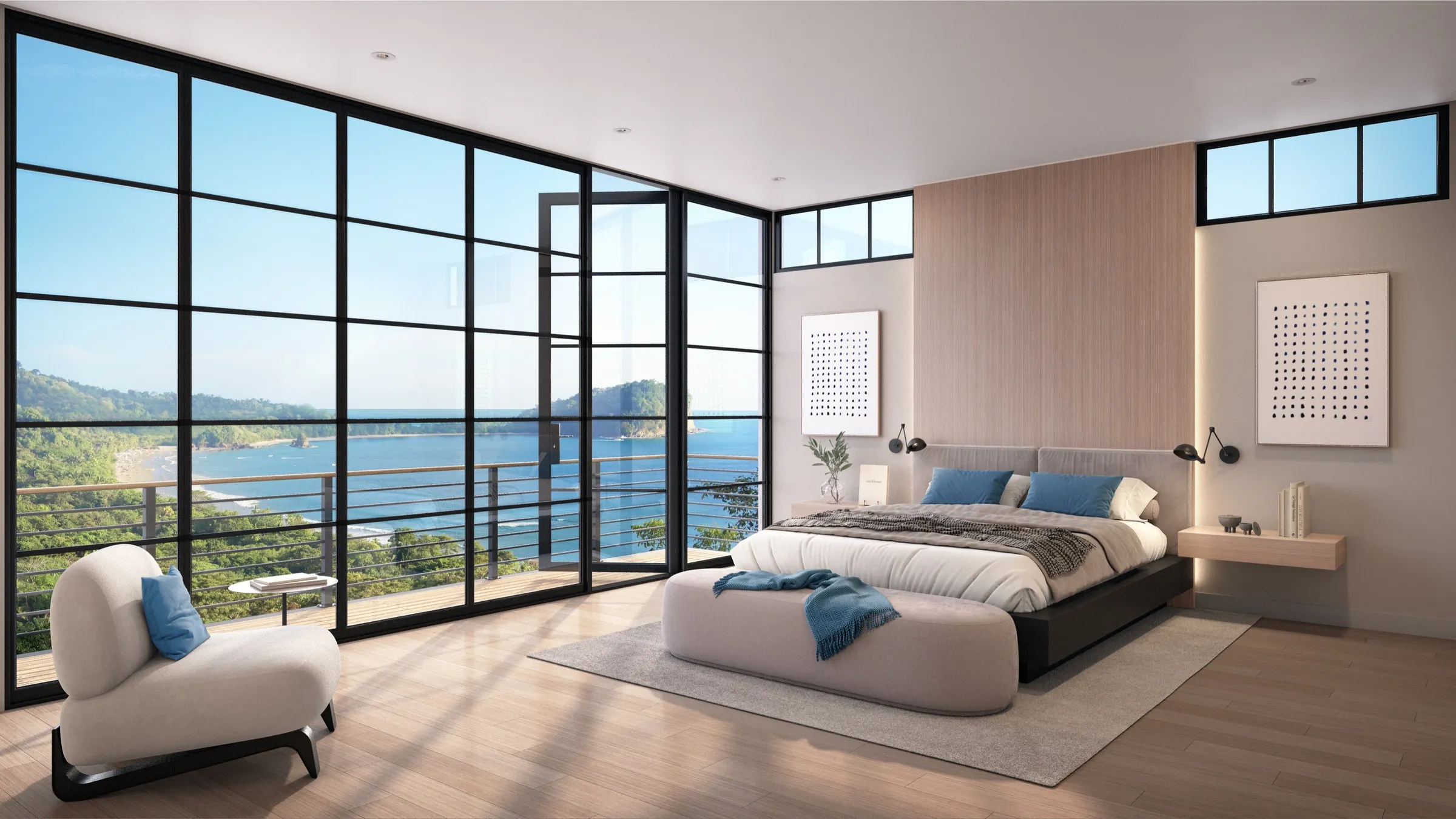 Interior 3D rendering of a bedroom with a corner of black-framed windows looking over the ocean