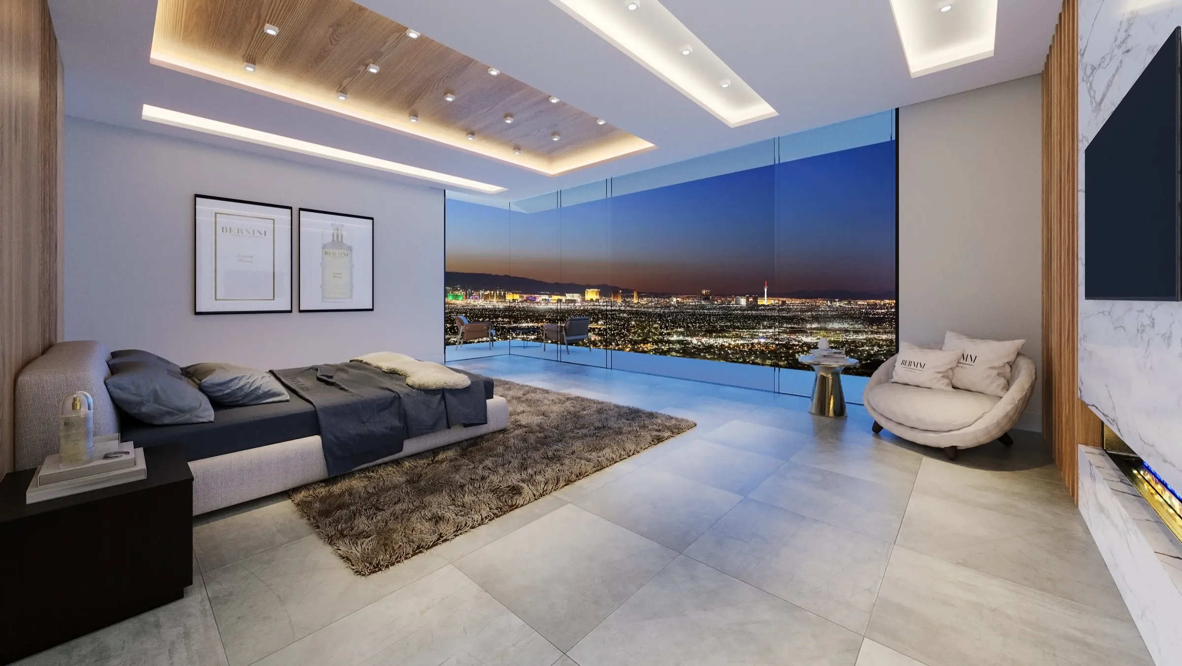 3D rendering of the Bellagio Estate primary bedroom, with a platform bed, a marble media wall, a wood-slat ceiling, and a panoramic glass wall facing the Las Vegas Strip at dusk