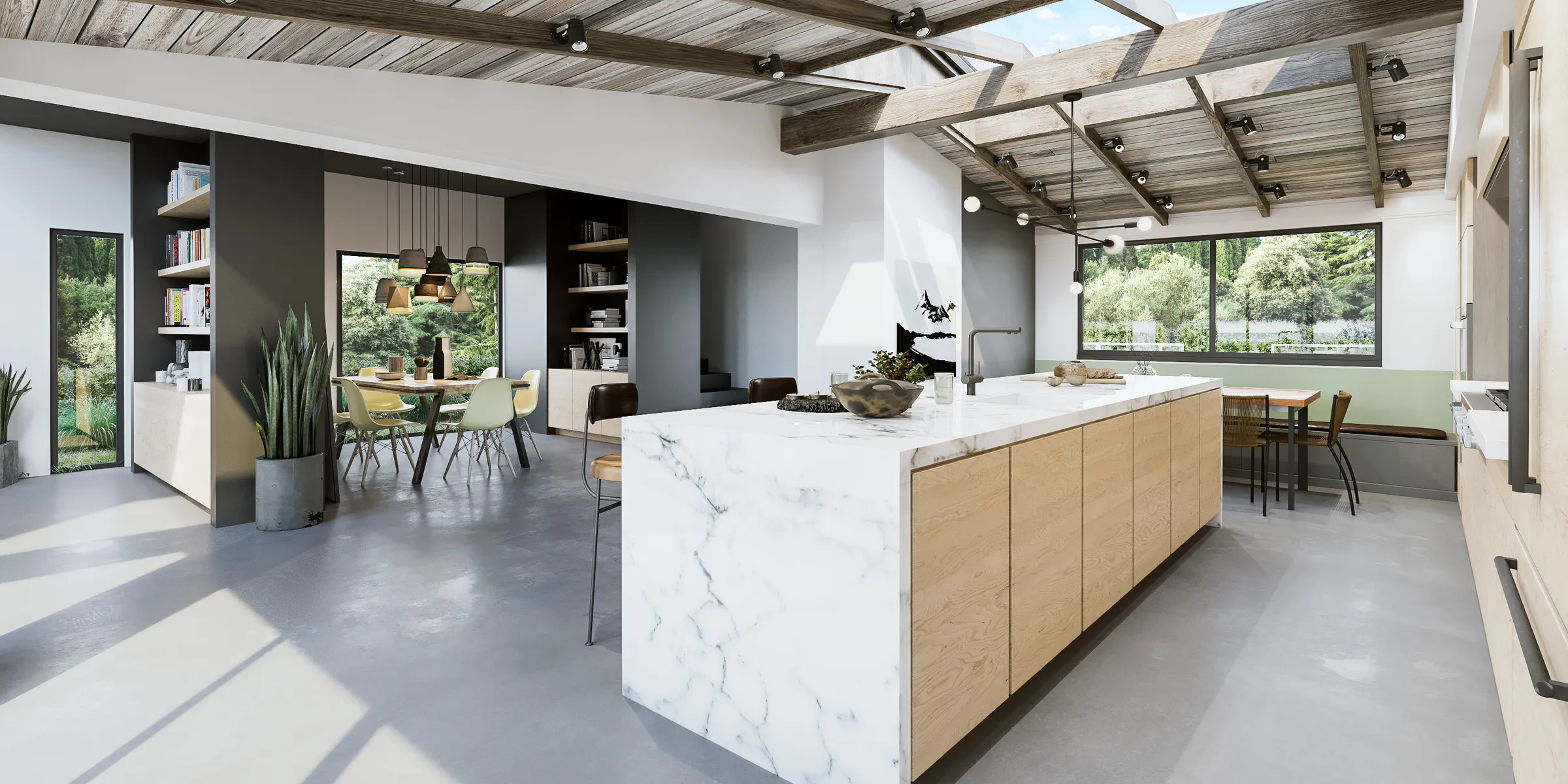 Photorealistic 3D rendering by NoTriangle Studio of the kitchen of the Beverly Glen house with a polished concrete floor option: a marble and oak island under an open timber-beam ceiling with skylights, and a dining table by the window.