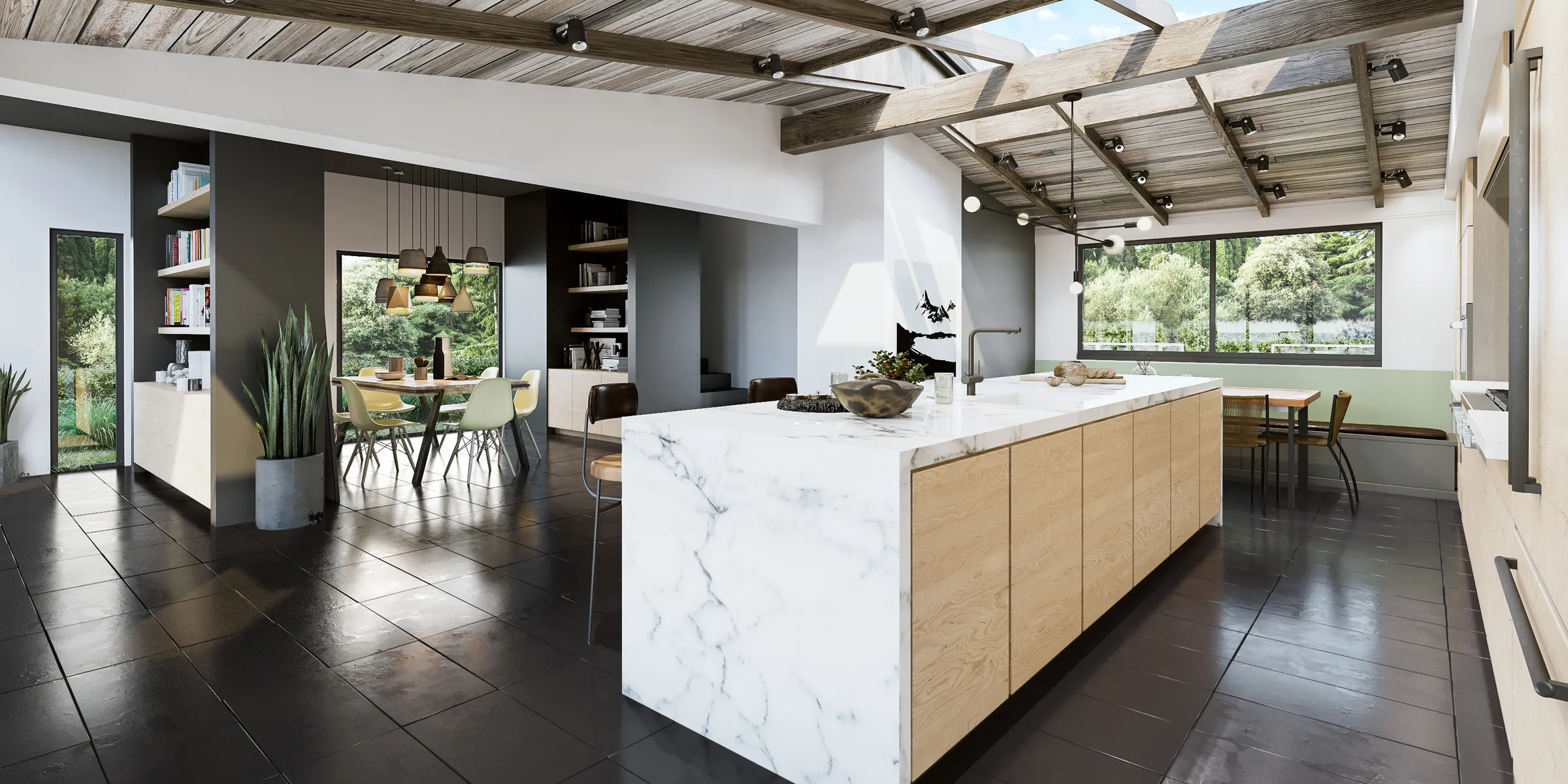 Photorealistic 3D rendering by NoTriangle Studio of the same Beverly Glen kitchen from the same camera with a dark tile floor option, so the finishes could be compared side by side.