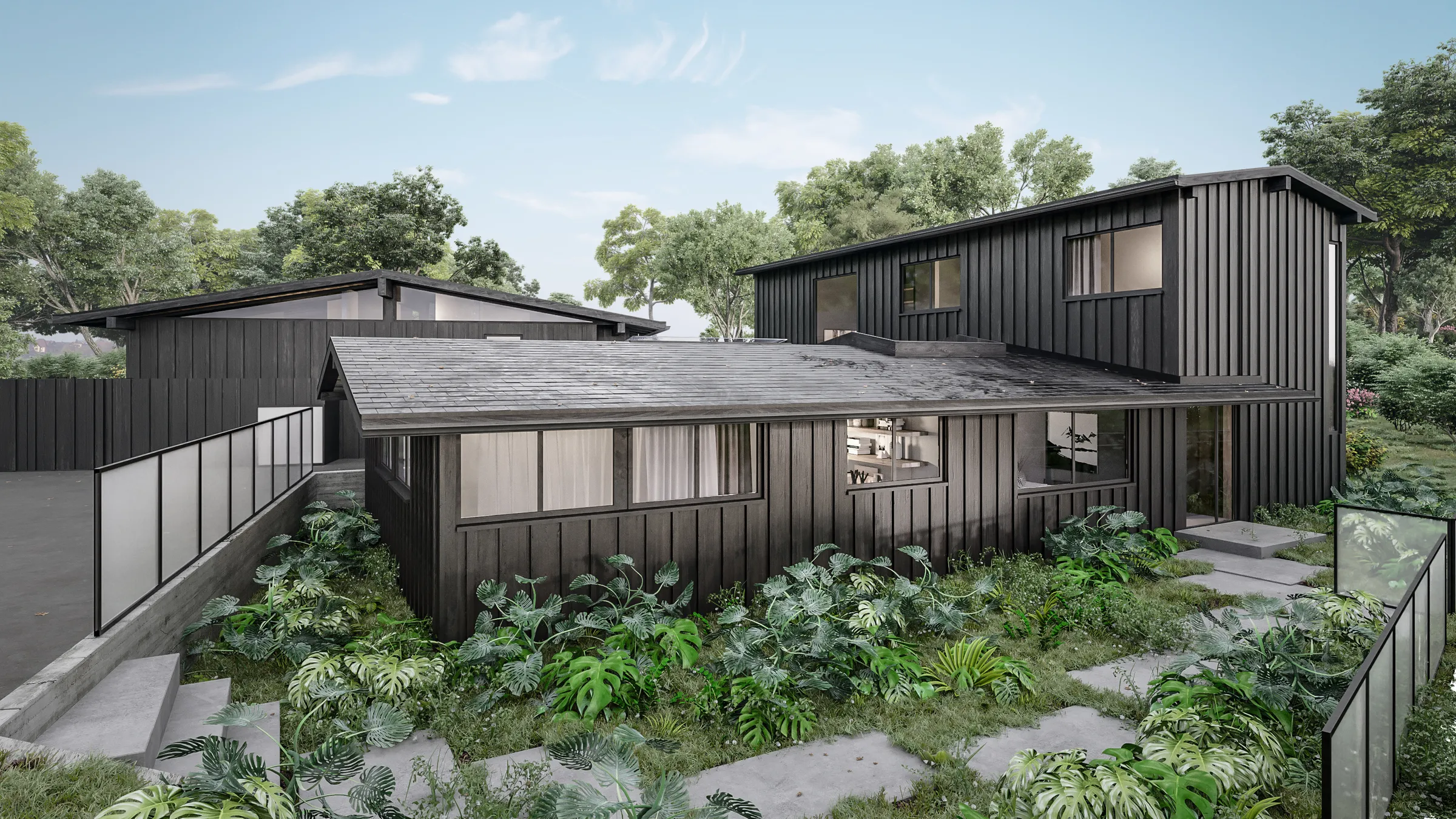 Photorealistic 3D rendering by NoTriangle Studio of the same Beverly Glen house from the garden: low black board-and-batten wings under shallow roofs, frosted glass railings and stepping stones through monstera planting.