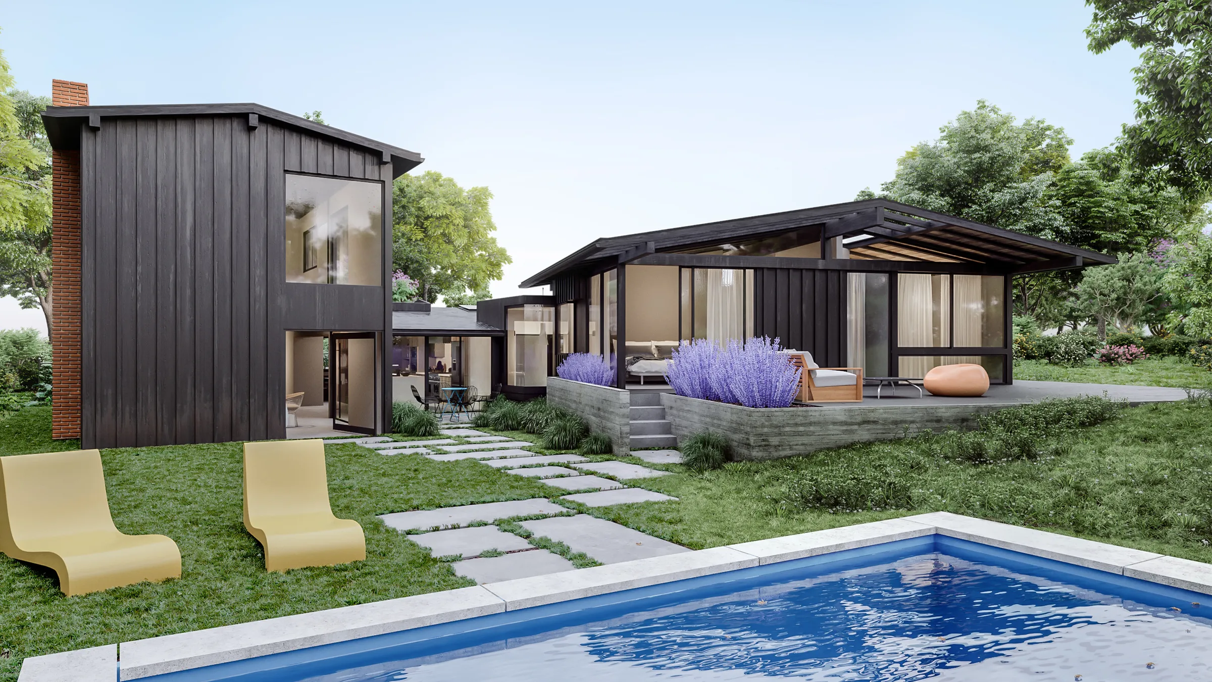 Photorealistic 3D rendering by NoTriangle Studio of a mid-century ranch house with a new two-storey addition in black board-and-batten siding in Beverly Glen, Los Angeles, seen across a pool, with lounge chairs on the lawn and lavender planters.