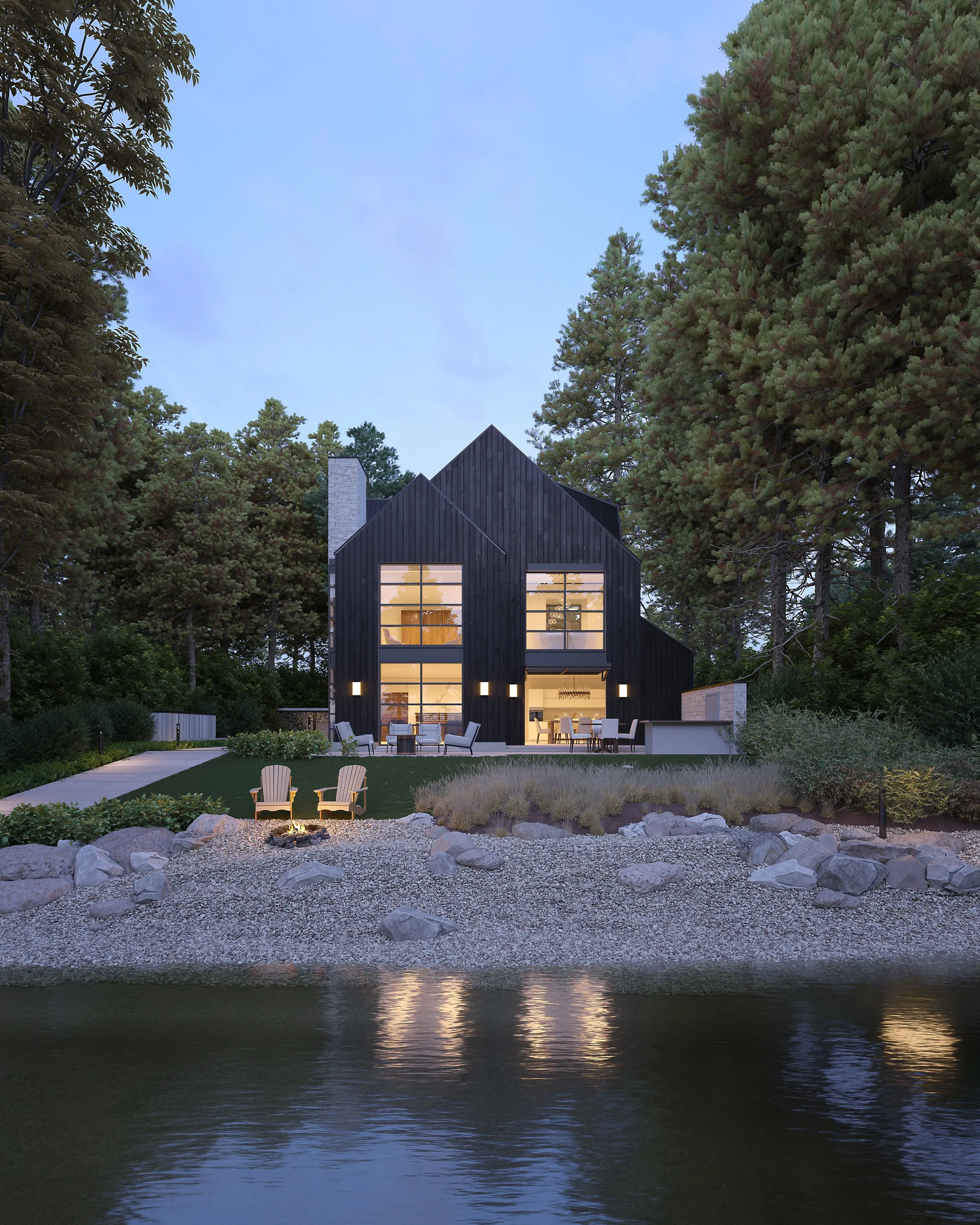 Exterior 3D rendering of a dark gabled lake cabin at dusk among pines, its glass garage door open to the shoreline