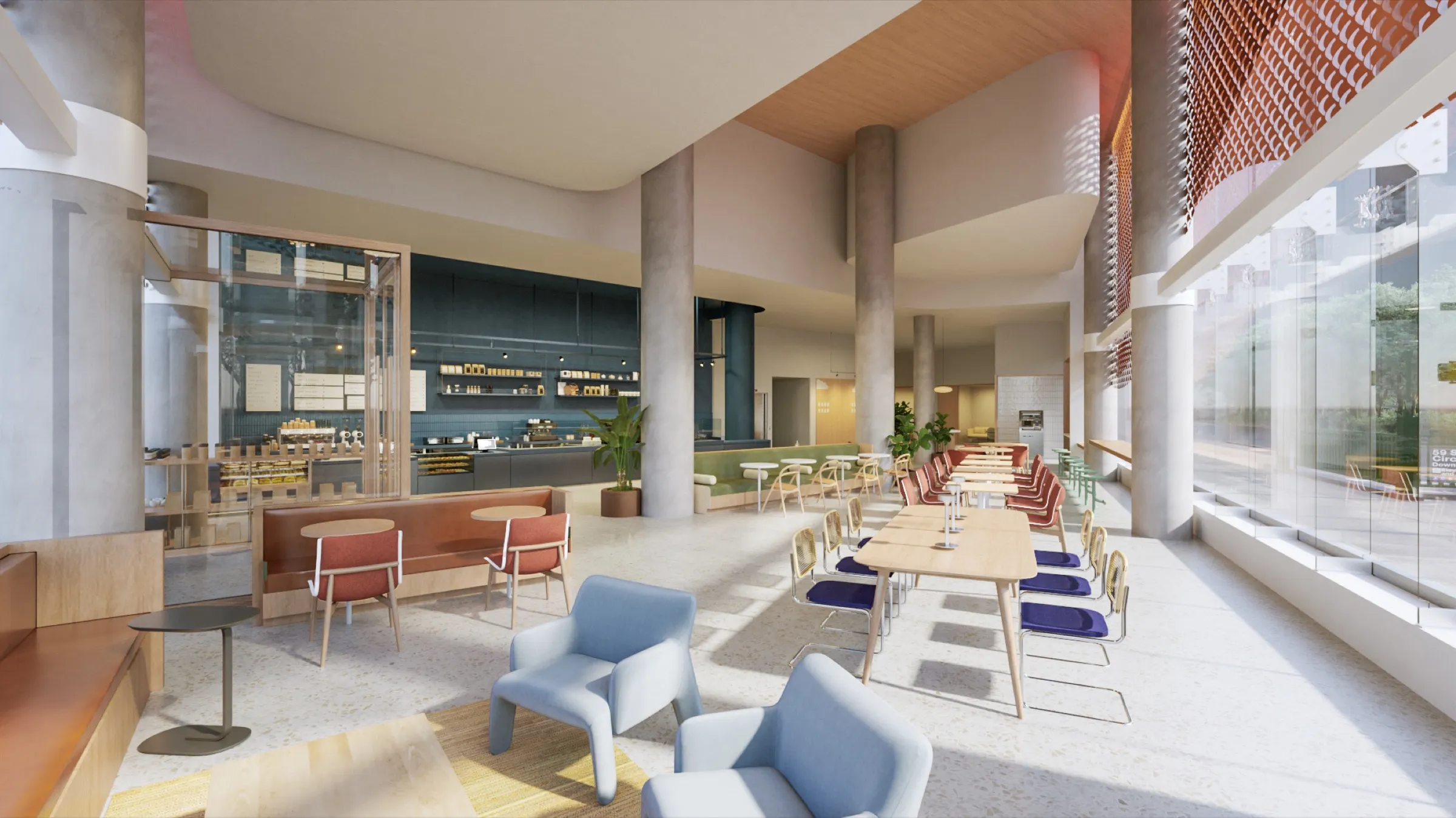 3D interior rendering of a Capital One Café seating area at Columbus Circle in Manhattan, with a long communal table flanked by purple and coral chairs, light blue tub chairs, a coffee bar behind, and an orange ceiling baffle.