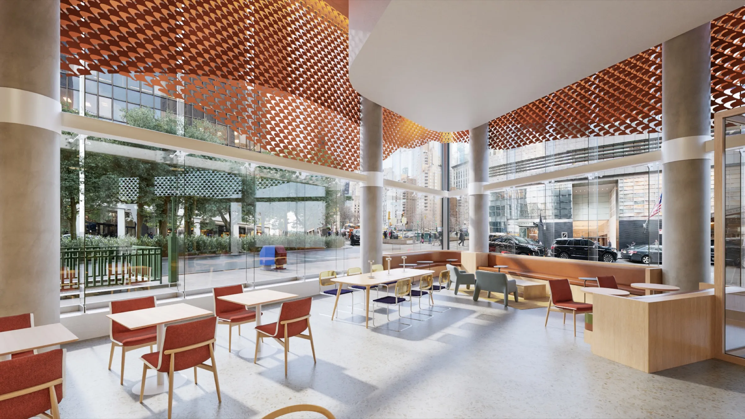 3D interior rendering of a Capital One Café at Columbus Circle in Manhattan, street-facing seating beneath an orange woven ceiling baffle, with round tables, coral chairs, and floor-to-ceiling glazing onto the street.