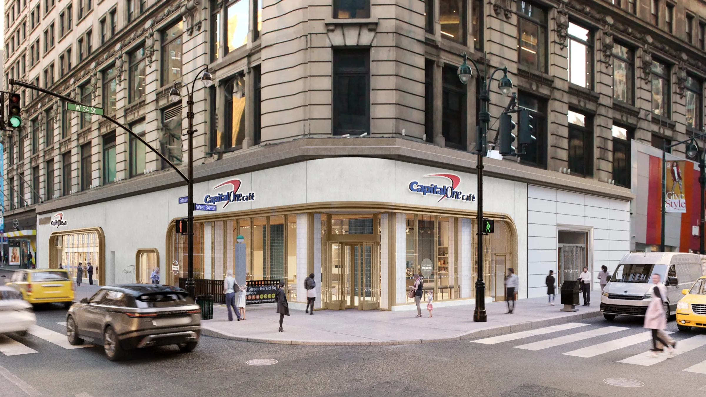 3D exterior rendering of the Capital One Café storefront on a Manhattan corner near Herald Square, with curved glazing, brand signage, pedestrians at the crosswalk, and city traffic.