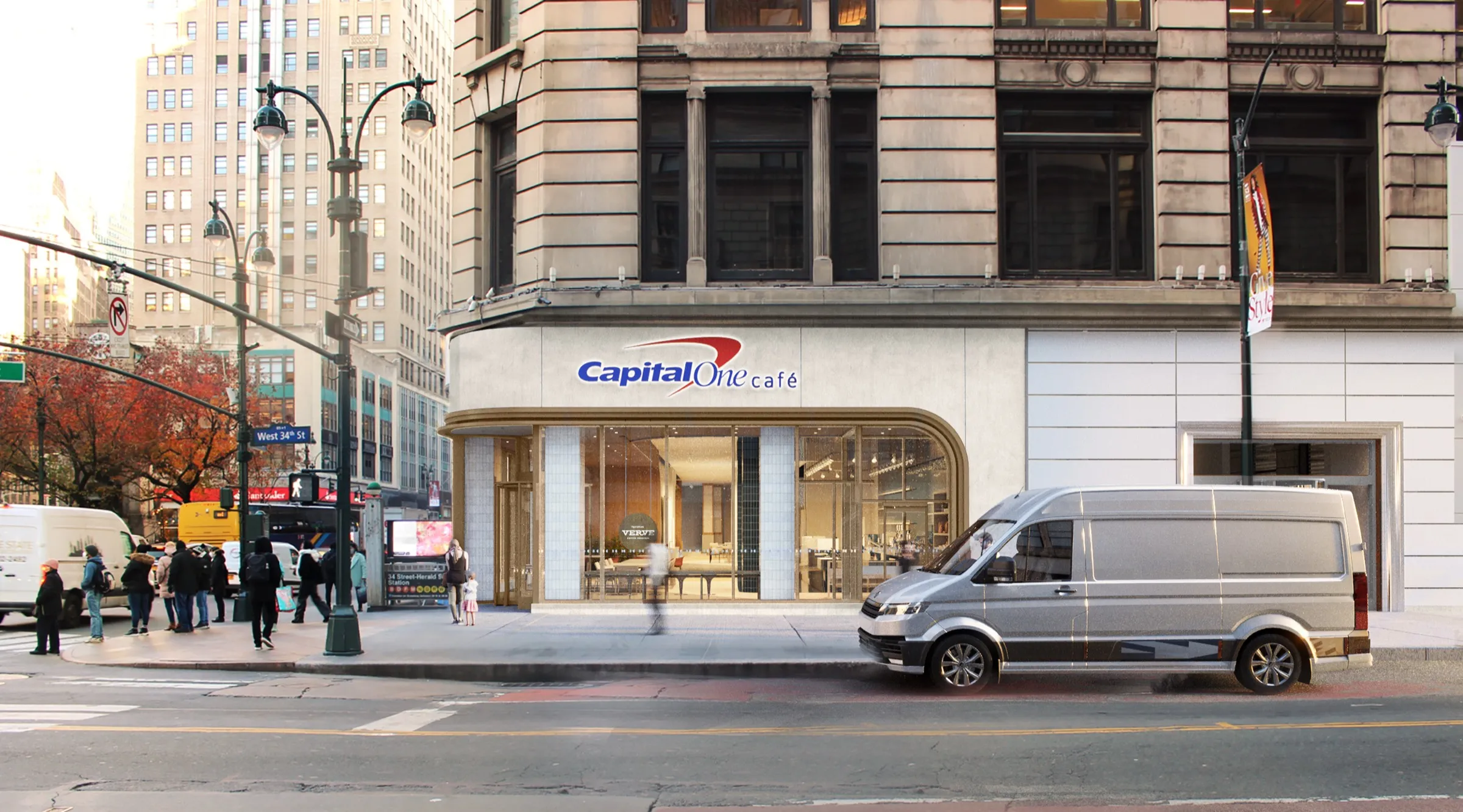 3D exterior rendering of the Capital One Café storefront near West 34th Street in Manhattan, seen from across the street with a delivery van, autumn trees, and pedestrians.