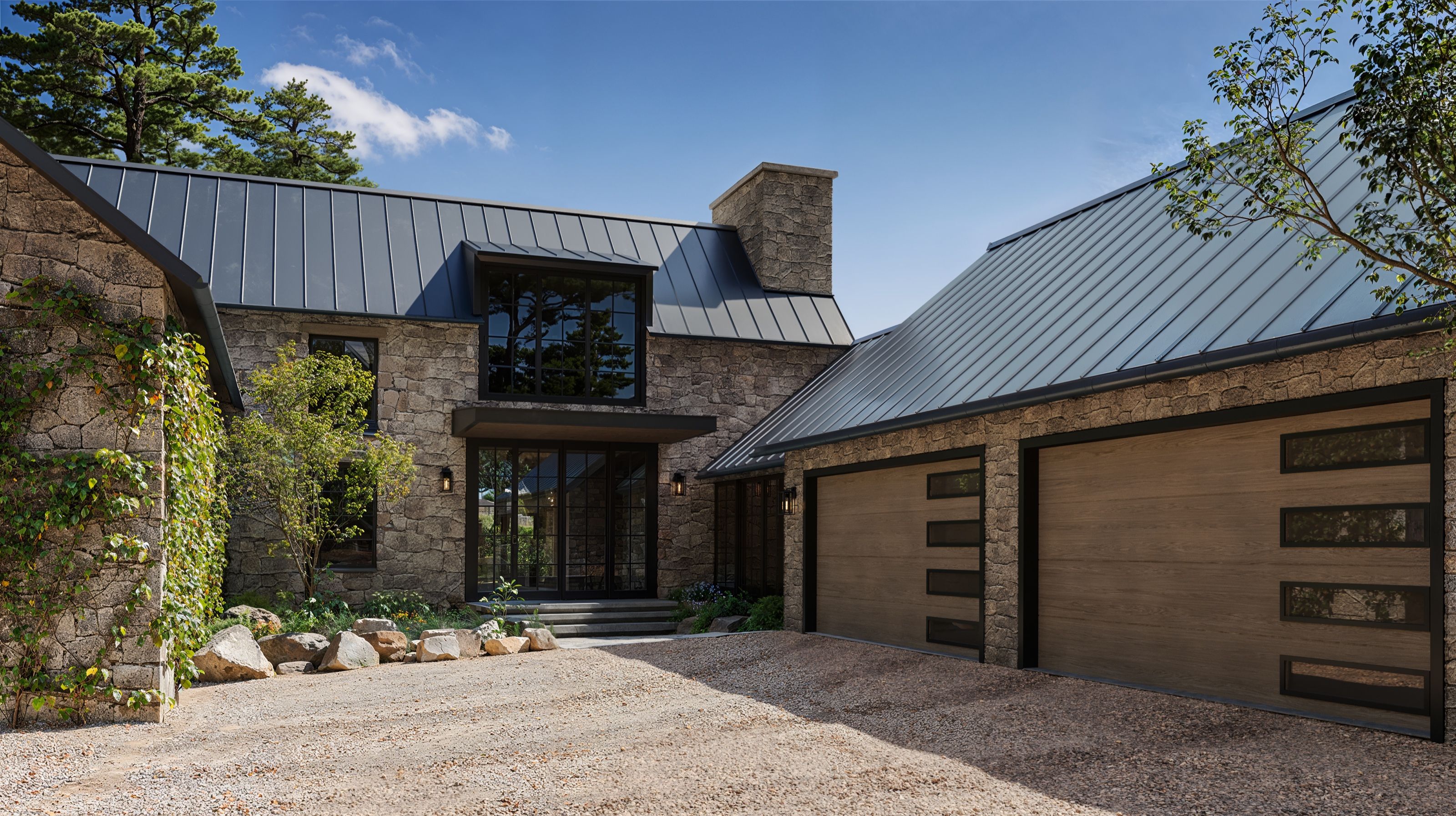 3D exterior rendering of a stone home with a standing-seam roof and two wood-tone garage doors with vertical lites