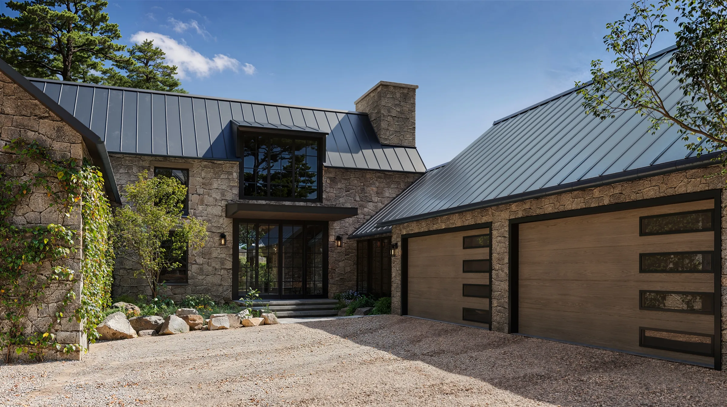 3D exterior rendering of a stone home with a standing-seam roof and two wood-tone garage doors with vertical lites