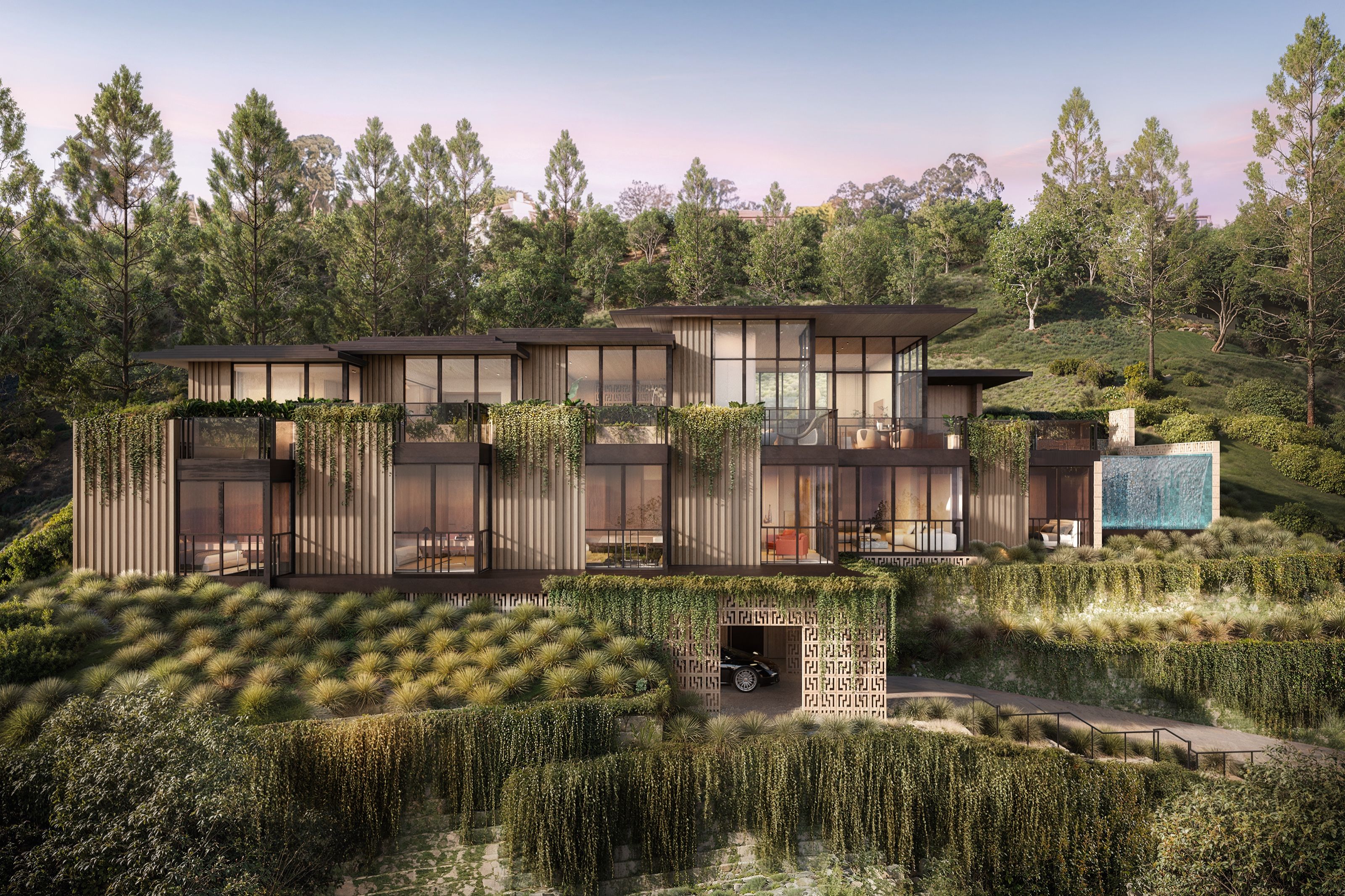 A photorealistic 3D architectural rendering by NoTriangle Studio showing an elevated aerial view of House 1 of the Carrizo Lots development in La Jolla, California, at dusk, capturing the full glass-and-wood facade, trailing greenery, the perforated-screen garage, and the turquoise waterfall feature amid wooded hills.