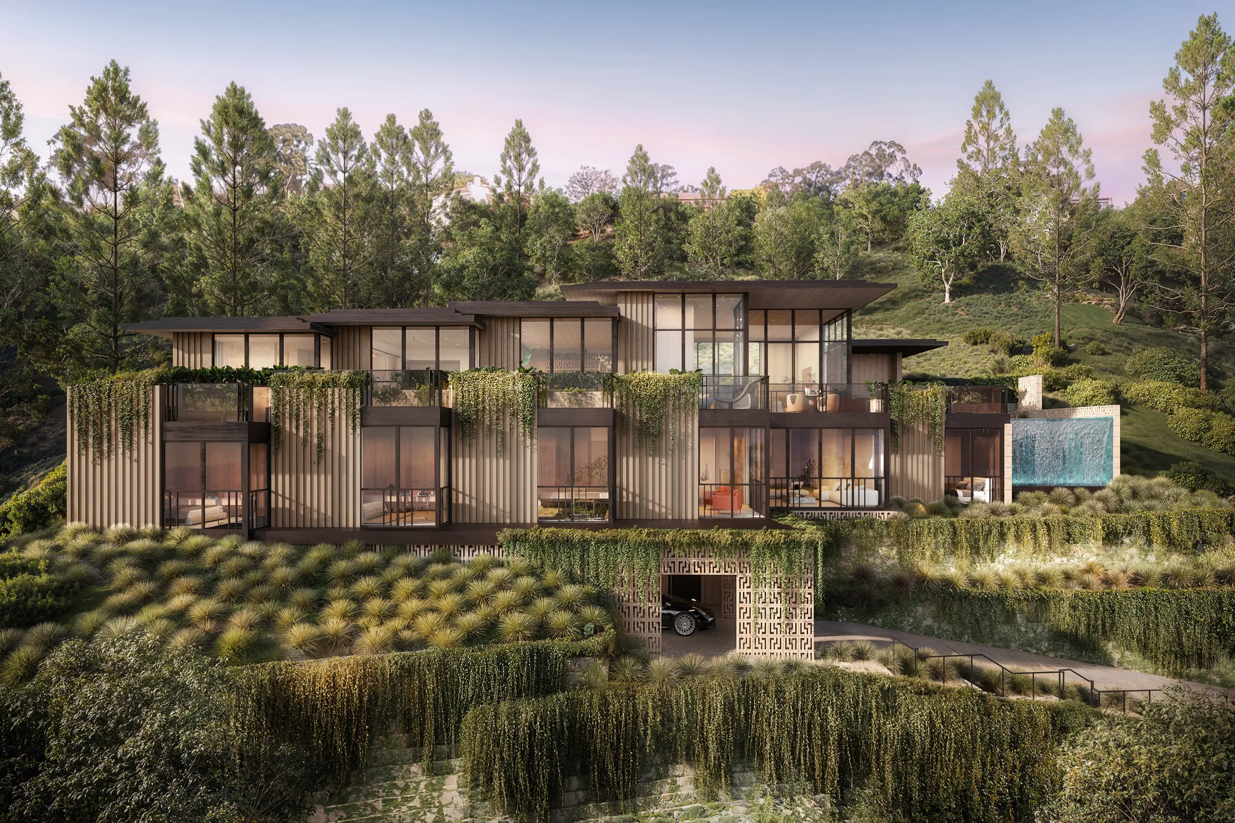A photorealistic 3D architectural rendering by NoTriangle Studio showing an elevated aerial view of House 1 of the Carrizo Lots development in La Jolla, California, at dusk, capturing the full glass-and-wood facade, trailing greenery, the perforated-screen garage, and the turquoise waterfall feature amid wooded hills.