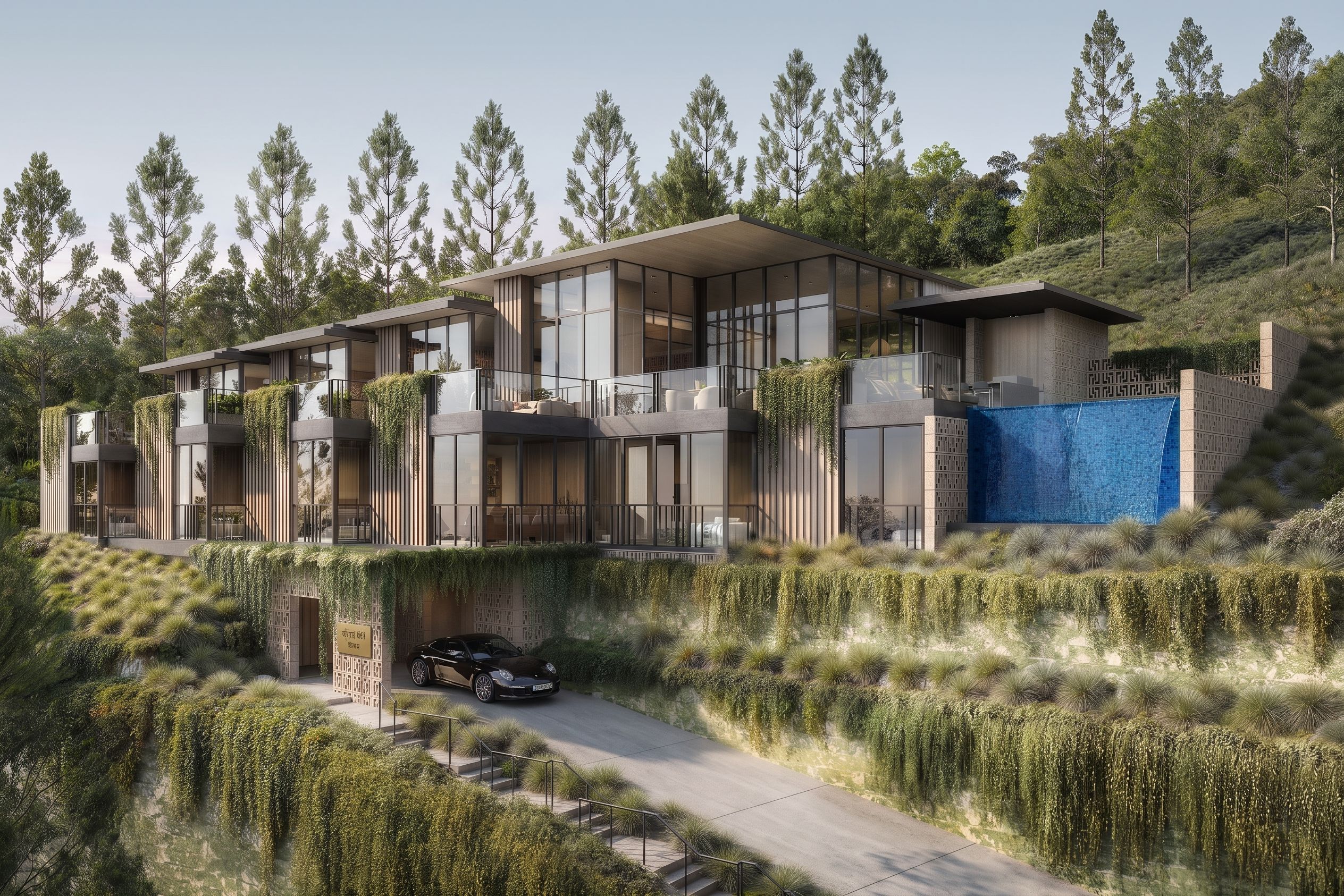A photorealistic 3D architectural rendering by NoTriangle Studio of House 1 of the Carrizo Lots development in La Jolla, California, in daylight, the glass-and-wood modern home above its turquoise glass-tile waterfall feature and trailing greenery, with a sports car in the driveway.