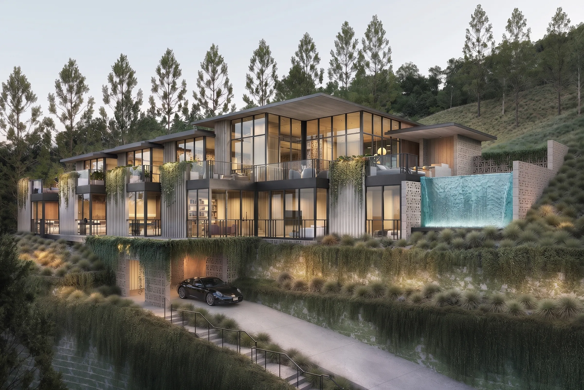 A photorealistic 3D architectural rendering by NoTriangle Studio of House 1 of the Carrizo Lots development in La Jolla, California, at dusk, the modern home glowing with warm interior light above its illuminated turquoise glass-tile waterfall feature and cascading terraced greenery.