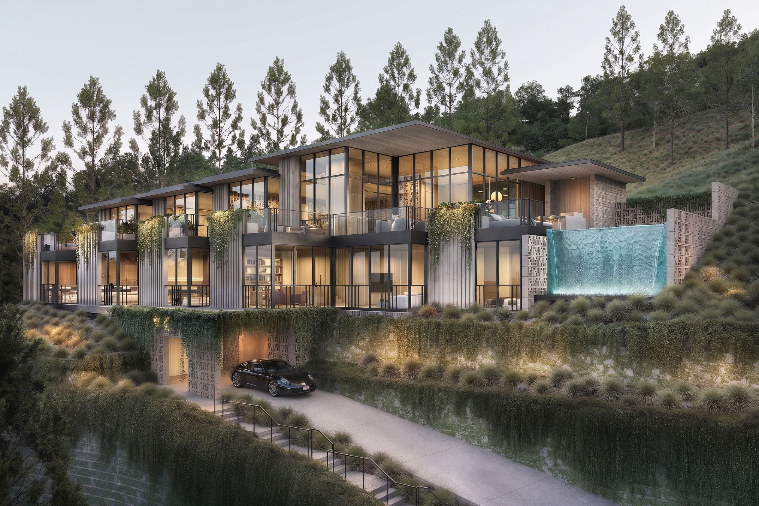A photorealistic 3D architectural rendering by NoTriangle Studio of House 1 of the Carrizo Lots development in La Jolla, California, at dusk, the modern home glowing with warm interior light above its illuminated turquoise glass-tile waterfall feature and cascading terraced greenery.