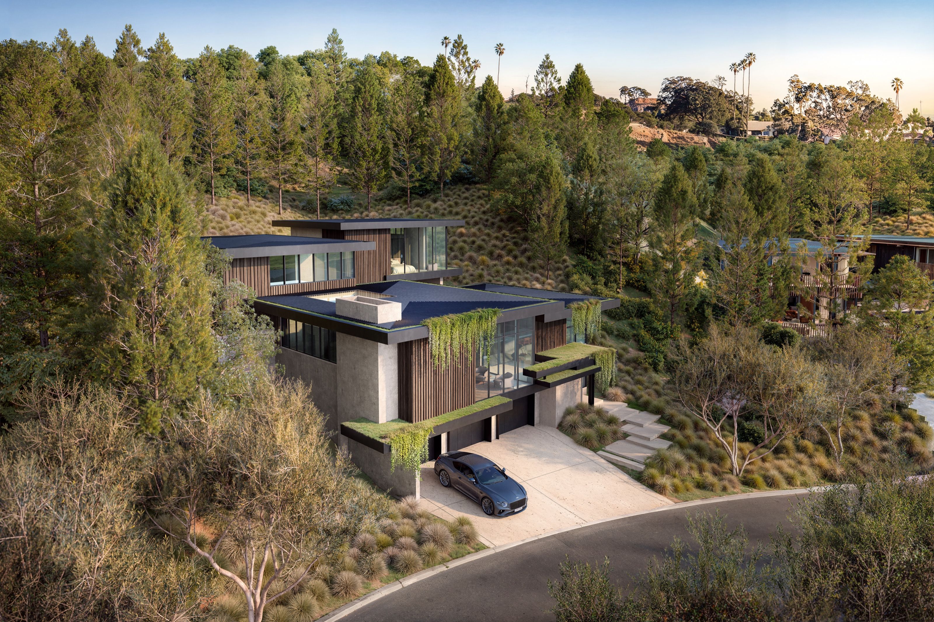 A photorealistic 3D architectural rendering by NoTriangle Studio showing an aerial view of House 2 of the Carrizo Lots development in La Jolla, California, the green-roofed modern home set into the wooded hillside above its driveway, with the La Jolla hills beyond.