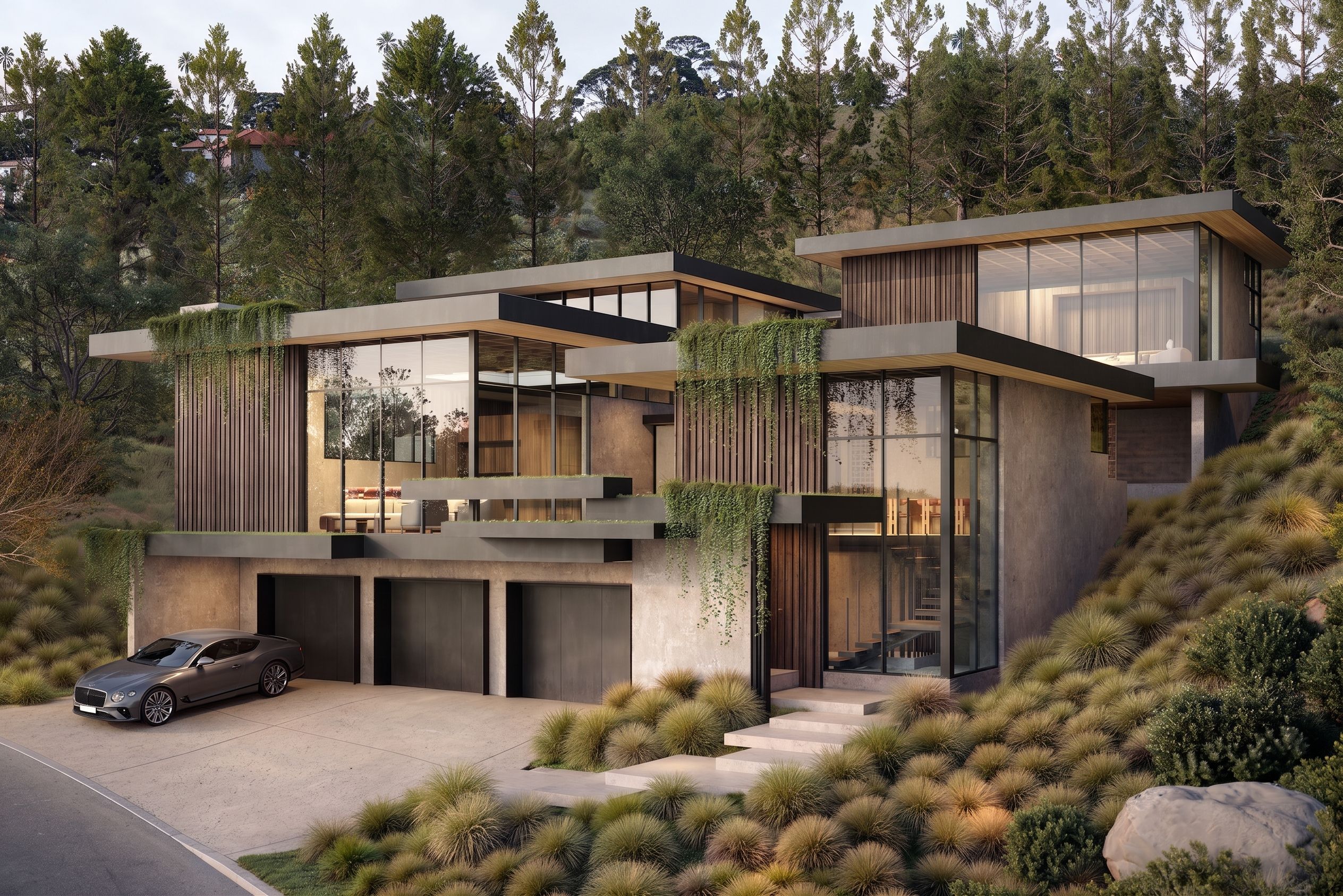 A photorealistic 3D architectural rendering by NoTriangle Studio of House 2 of the Carrizo Lots development in La Jolla, California, at golden hour, the concrete, glass, and wood-slat home with trailing vines stepping down the wooded slope above its three-car garage, a sedan parked on the drive.