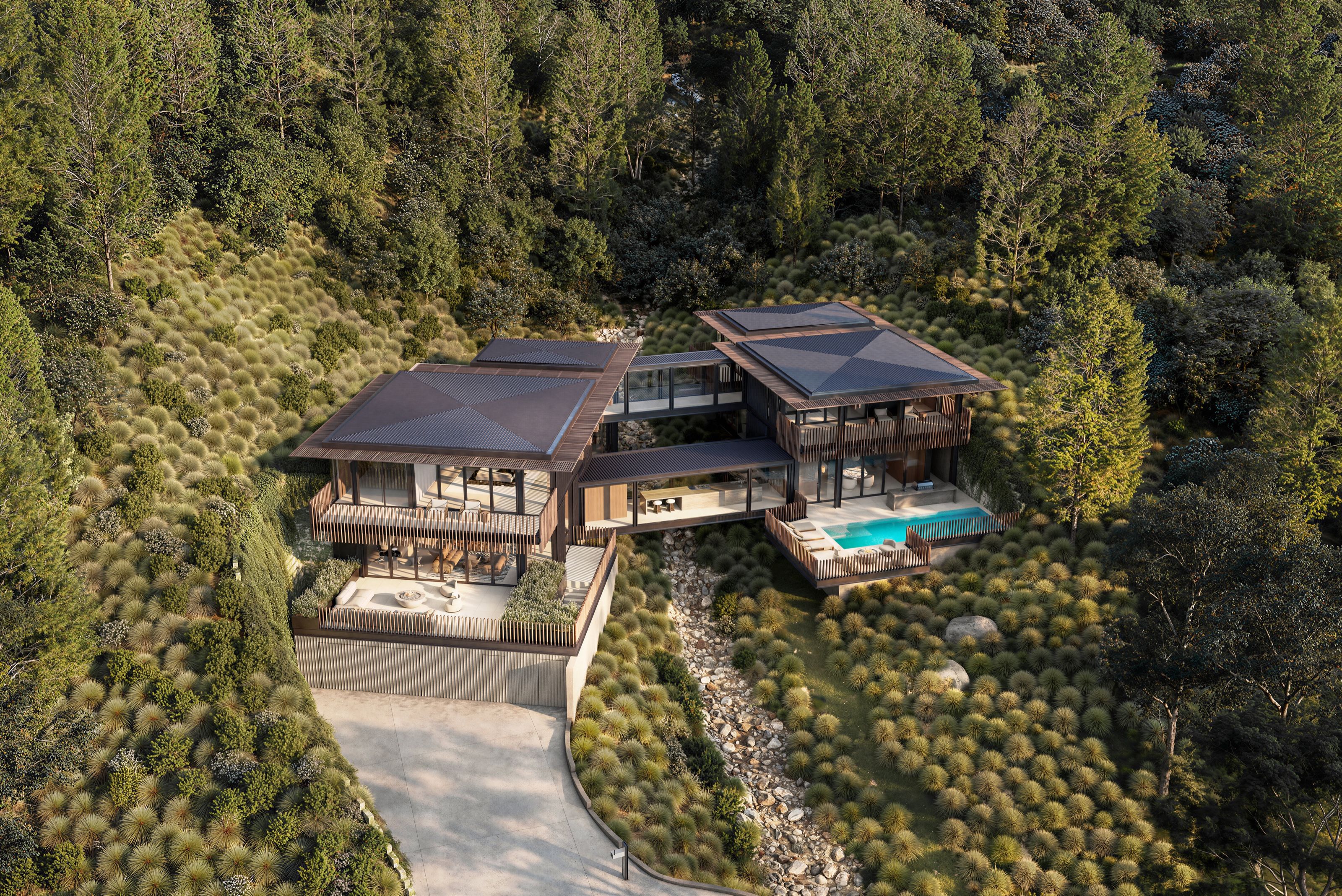 A photorealistic 3D architectural rendering by NoTriangle Studio showing an overhead aerial view of House 3 of the Carrizo Lots development in La Jolla, California, revealing the home's two roof volumes, a swimming pool, and the dry creek bed running between them through native landscaping.