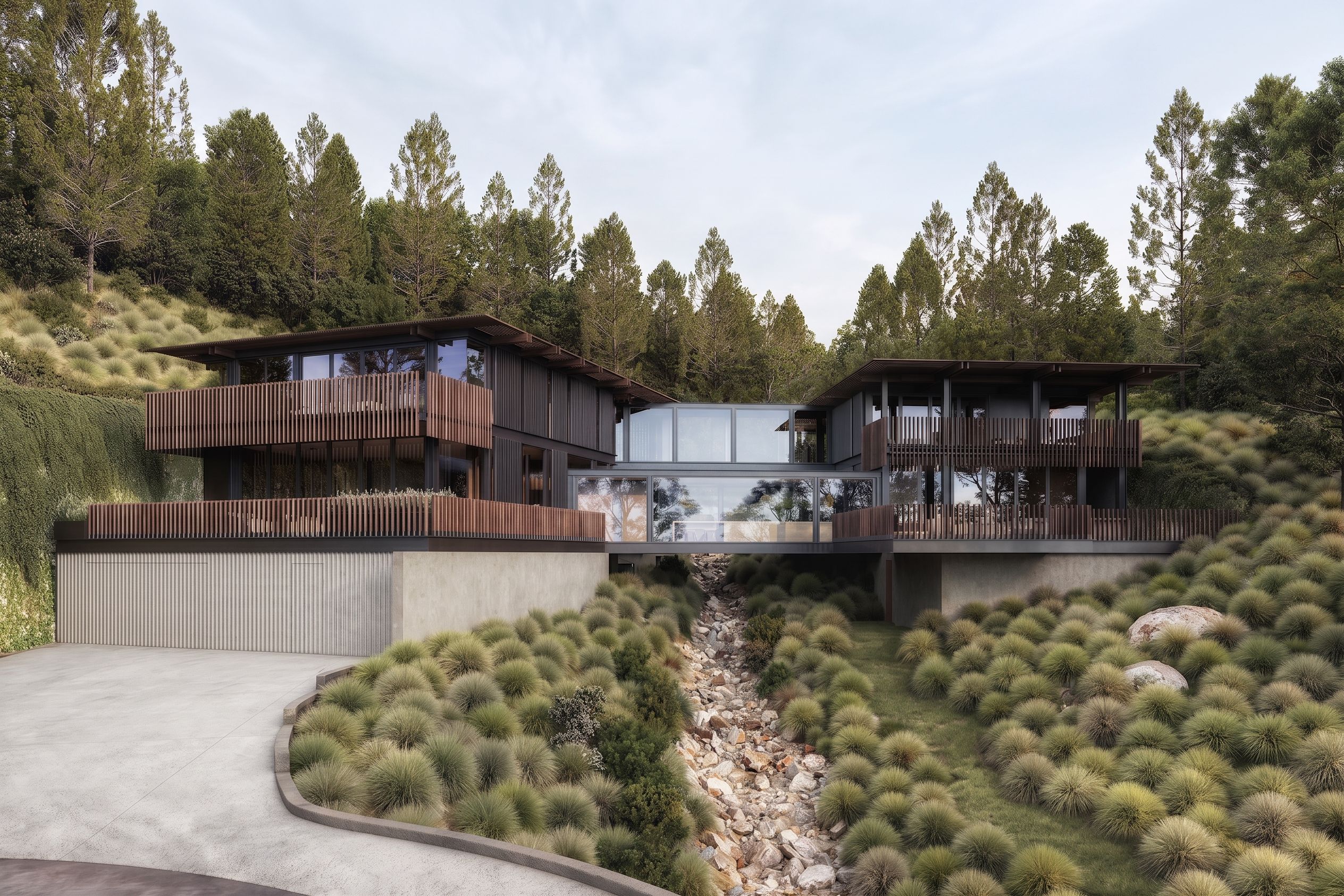Daytime 3D rendering of House 3 at the Carrizo Lots development in La Jolla, San Diego, its two wood-and-glass volumes linked by a glazed bridge over a dry creek bed, created to launch the shovel-ready lots for sale before the build.