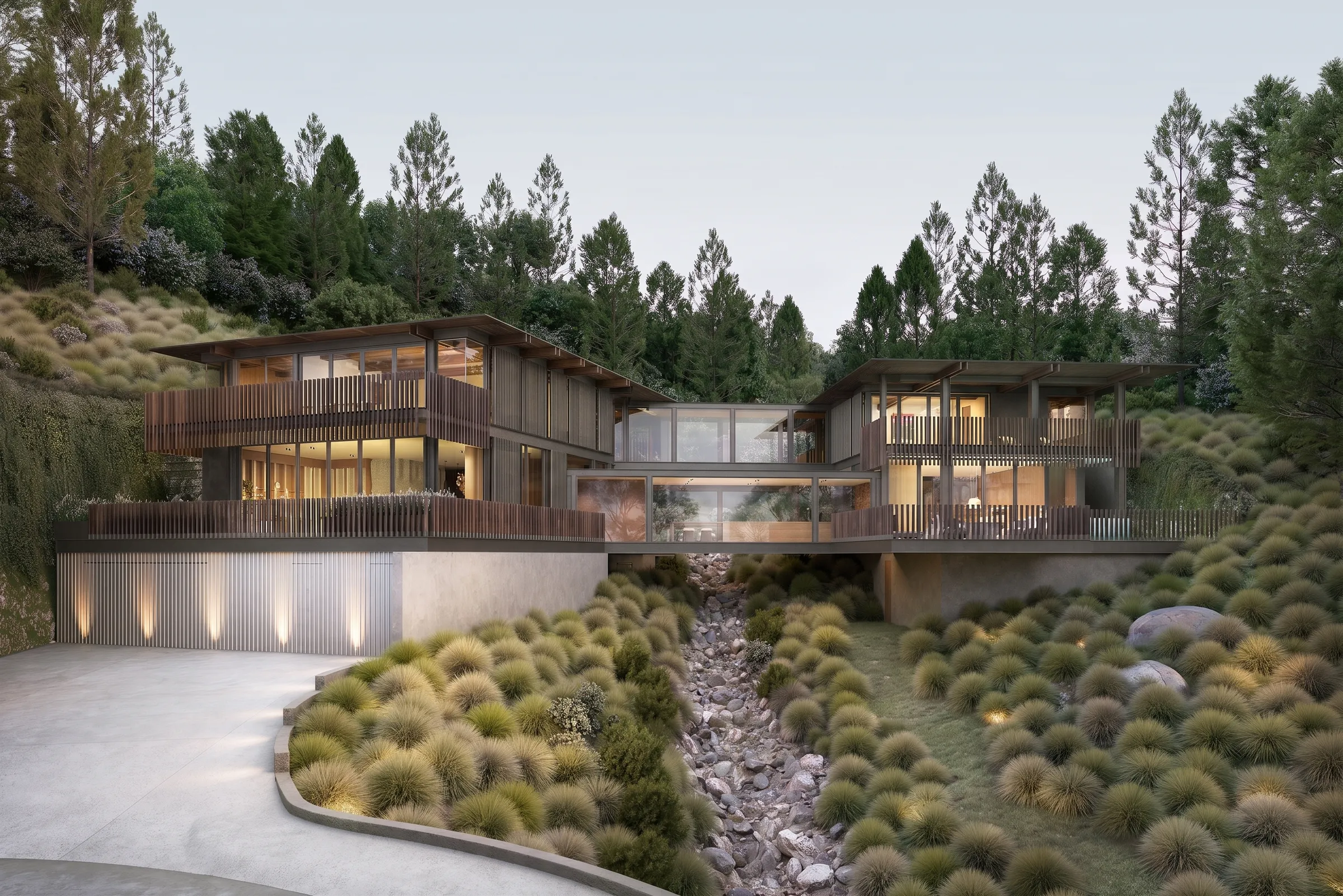 A photorealistic 3D architectural rendering by NoTriangle Studio of House 3 of the Carrizo Lots development in La Jolla, California, at dusk, a head-on view of the home's two wood-and-glass volumes and glazed bridge glowing with warm interior light above the illuminated dry creek bed.