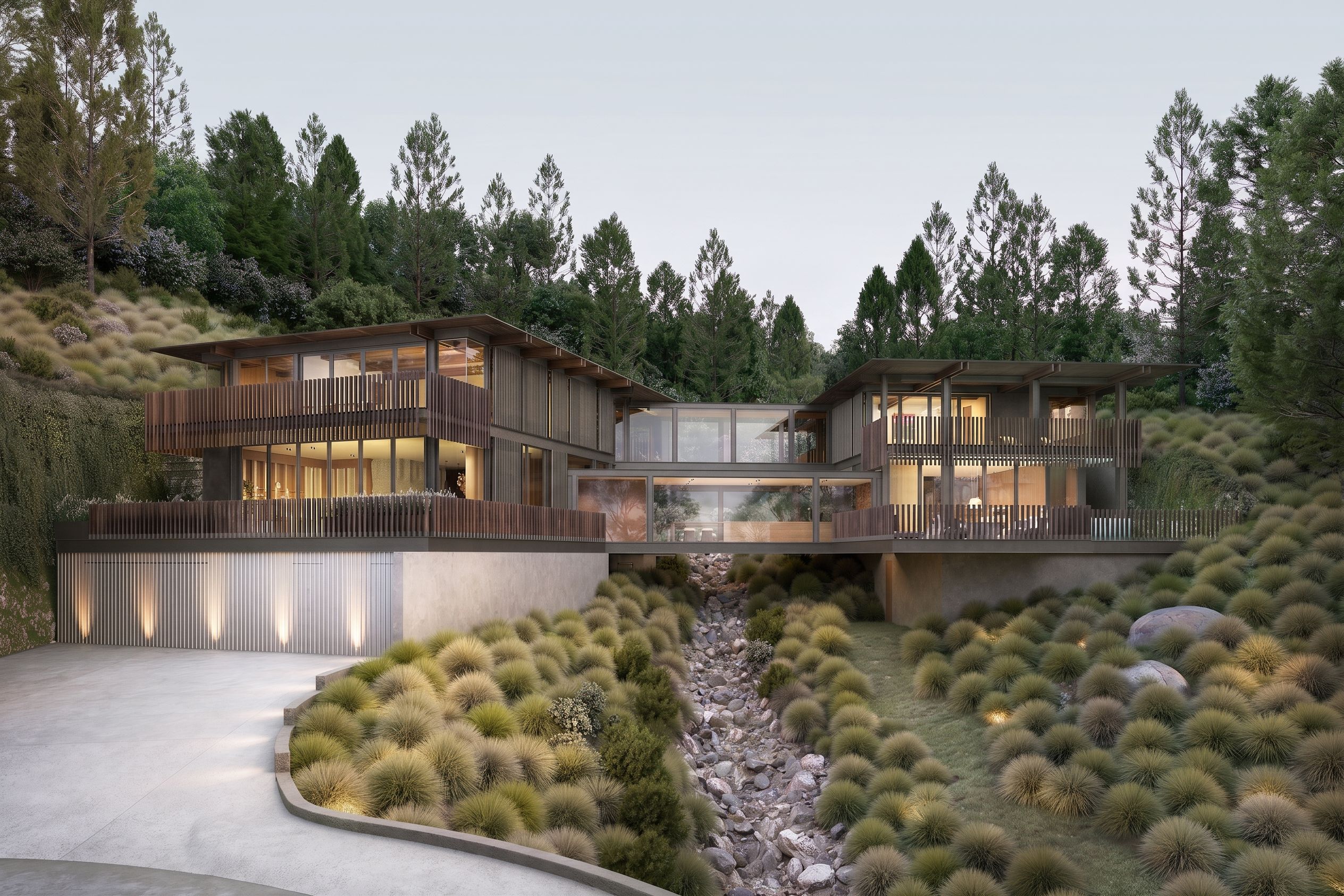 A photorealistic 3D architectural rendering by NoTriangle Studio of House 3 of the Carrizo Lots development in La Jolla, California, at dusk, a head-on view of the home's two wood-and-glass volumes and glazed bridge glowing with warm interior light above the illuminated dry creek bed.