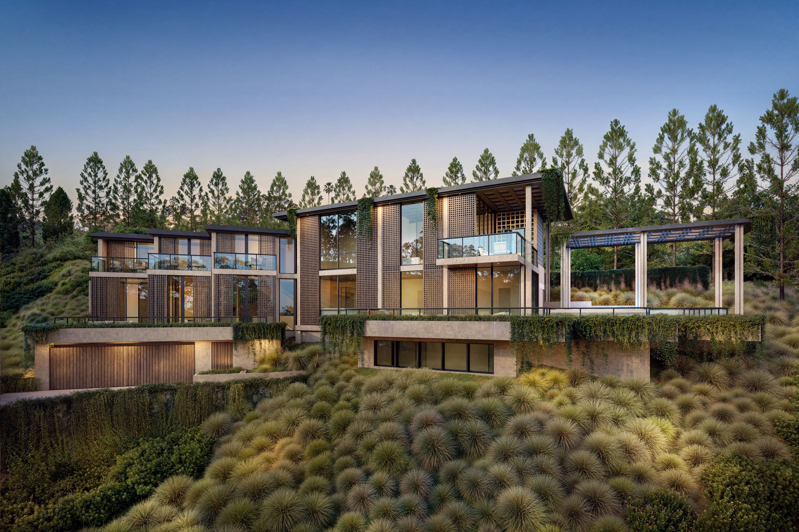 A photorealistic 3D architectural rendering by NoTriangle Studio of House 4 of the Carrizo Lots development in La Jolla, California, at dusk, the terraced modern home glowing with warm interior light, its perforated screens and trellised pavilion set against a twilight sky above lush native grasses.