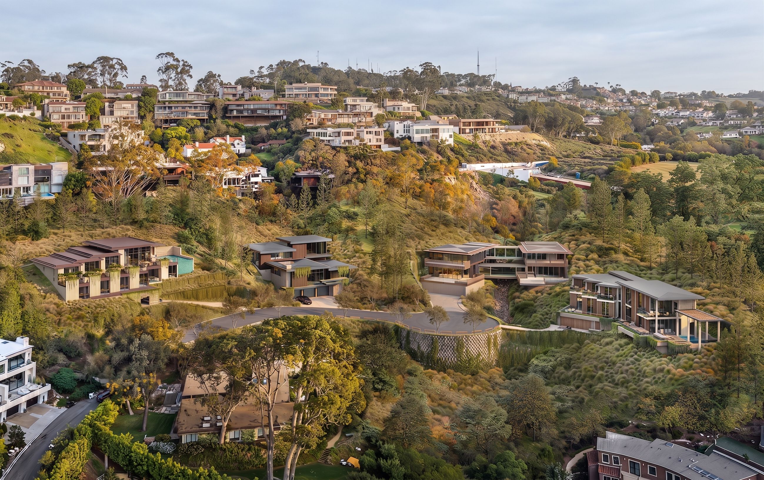 A photorealistic 3D architectural rendering by NoTriangle Studio showing a wide aerial view of the full Carrizo Lots development in La Jolla, California, the four modern homes terraced along a wooded hillside within the surrounding La Jolla neighborhood.
